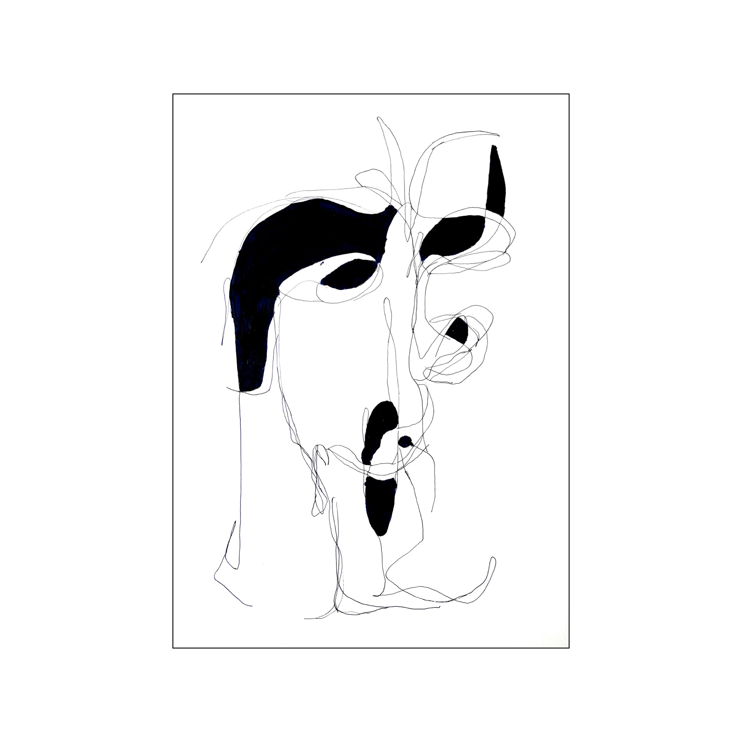 An abstract portrait rendered with delicate ink lines and bold black and indigo shapes, suggesting a face with a contemplative mood. Perfect for modern or bohemian decor.