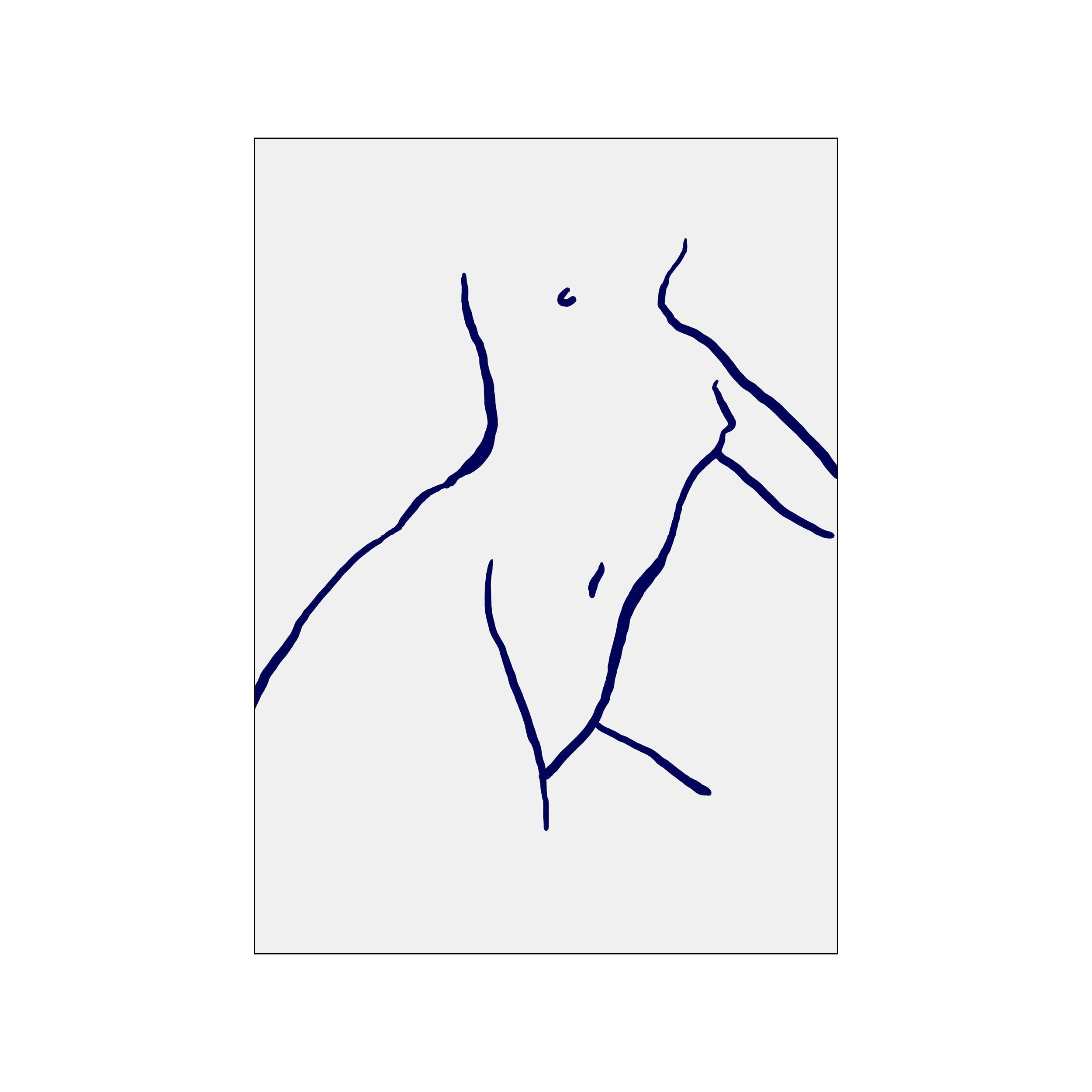 A minimalist line drawing of a woman's torso and curves rendered in bold navy blue against a soft, neutral background, conveying a sense of grace and quiet contemplation.