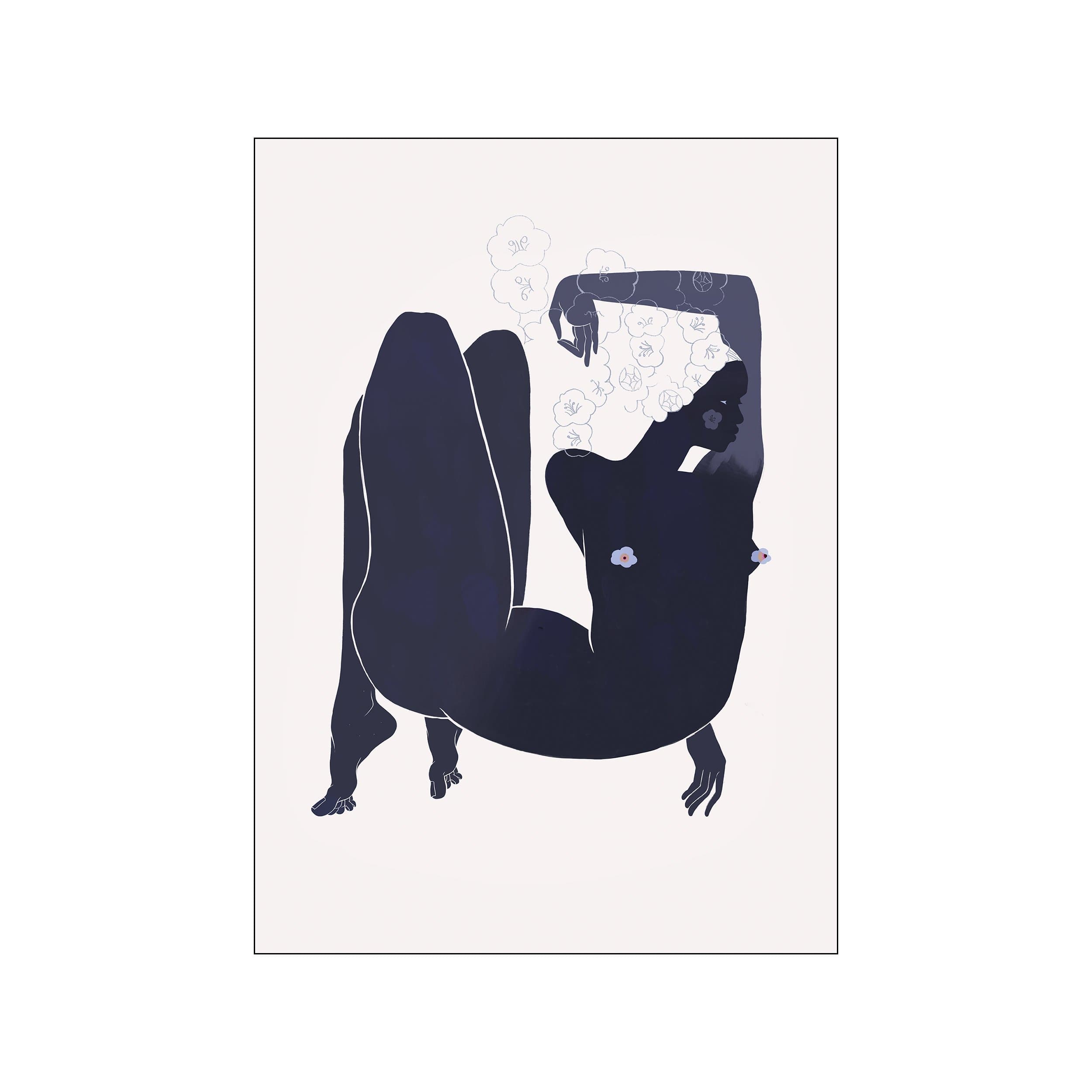 Abstract navy reclining figure with delicate floral linework on a pale background