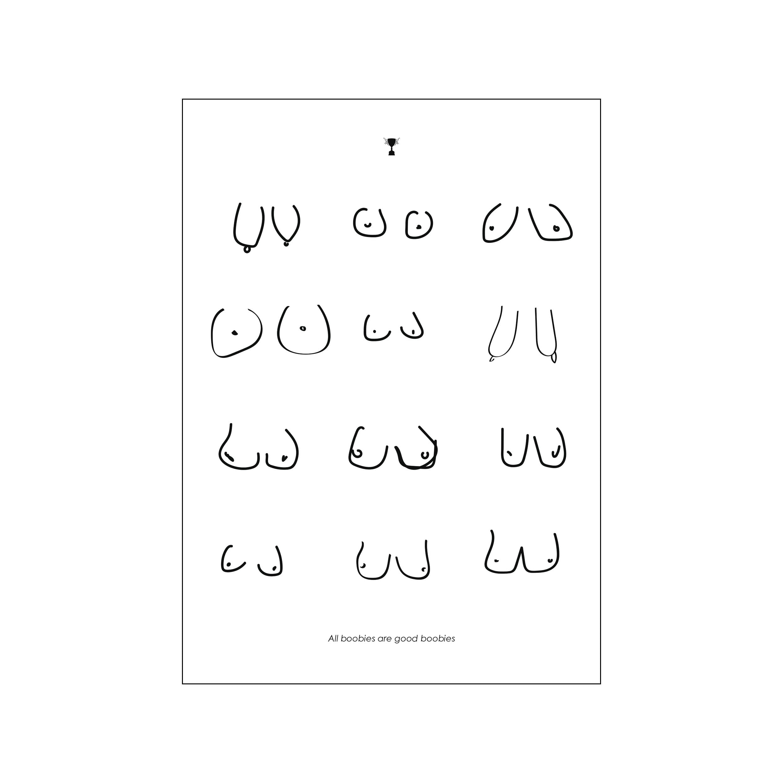 Minimal black line drawings of varied breasts arranged on a white poster with small text below