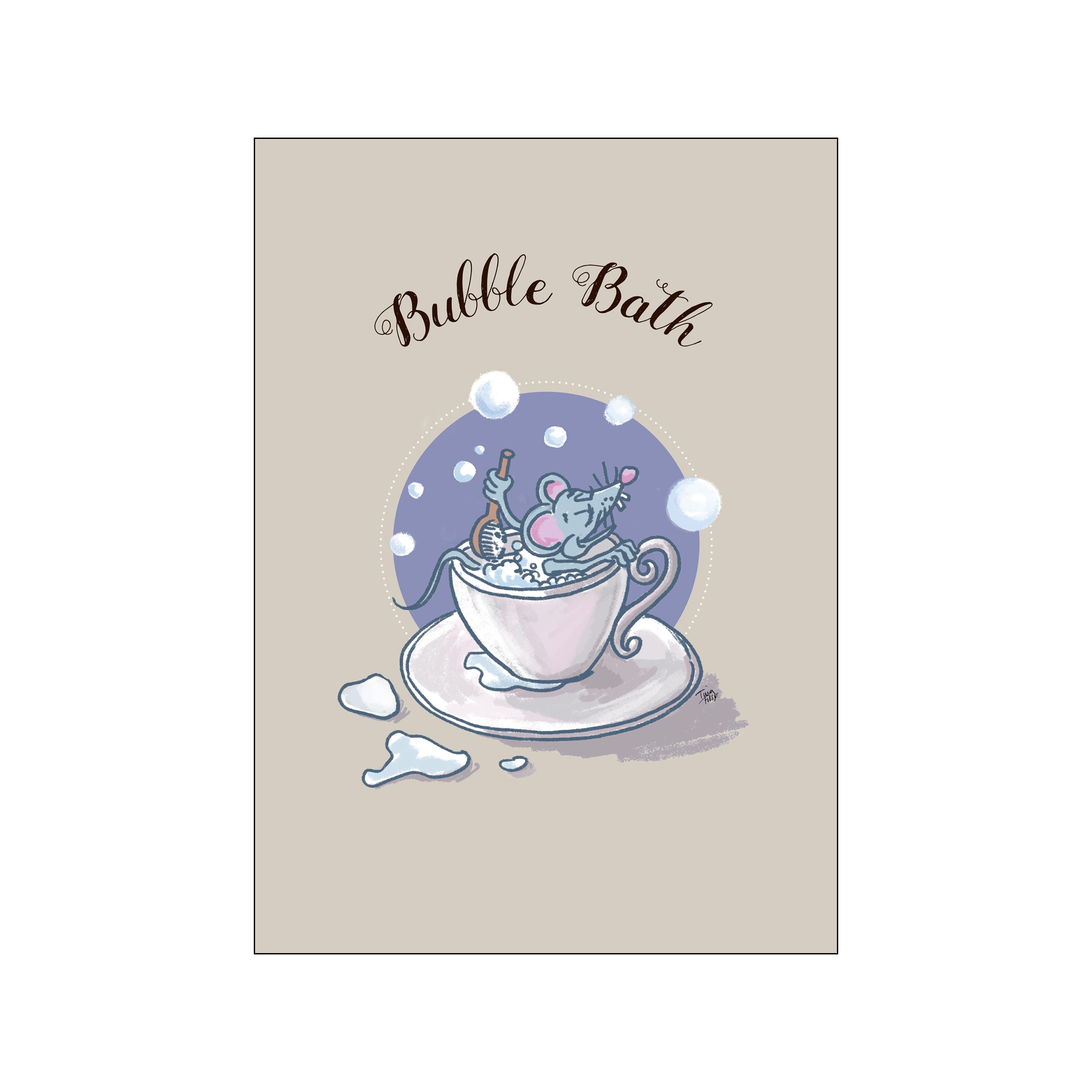 A charming illustration of a light blue mouse playfully splashing in a teacup filled with bubbles, stirring with a small brush. The background is a soft taupe with a lavender circle behind the teacup.