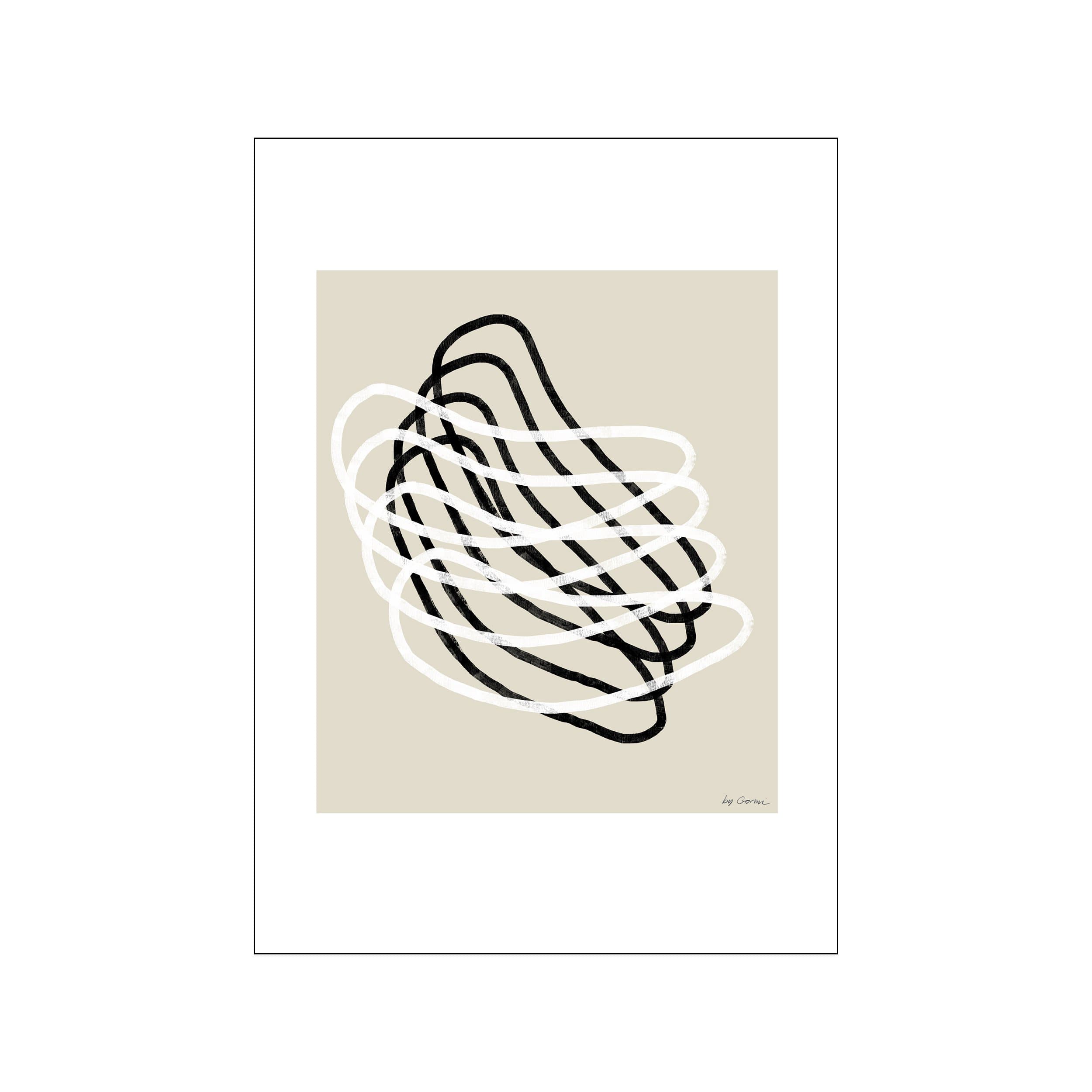 An abstract artwork featuring fluid, overlapping lines in black and white against a soft beige background, evoking a sense of movement and organic form.