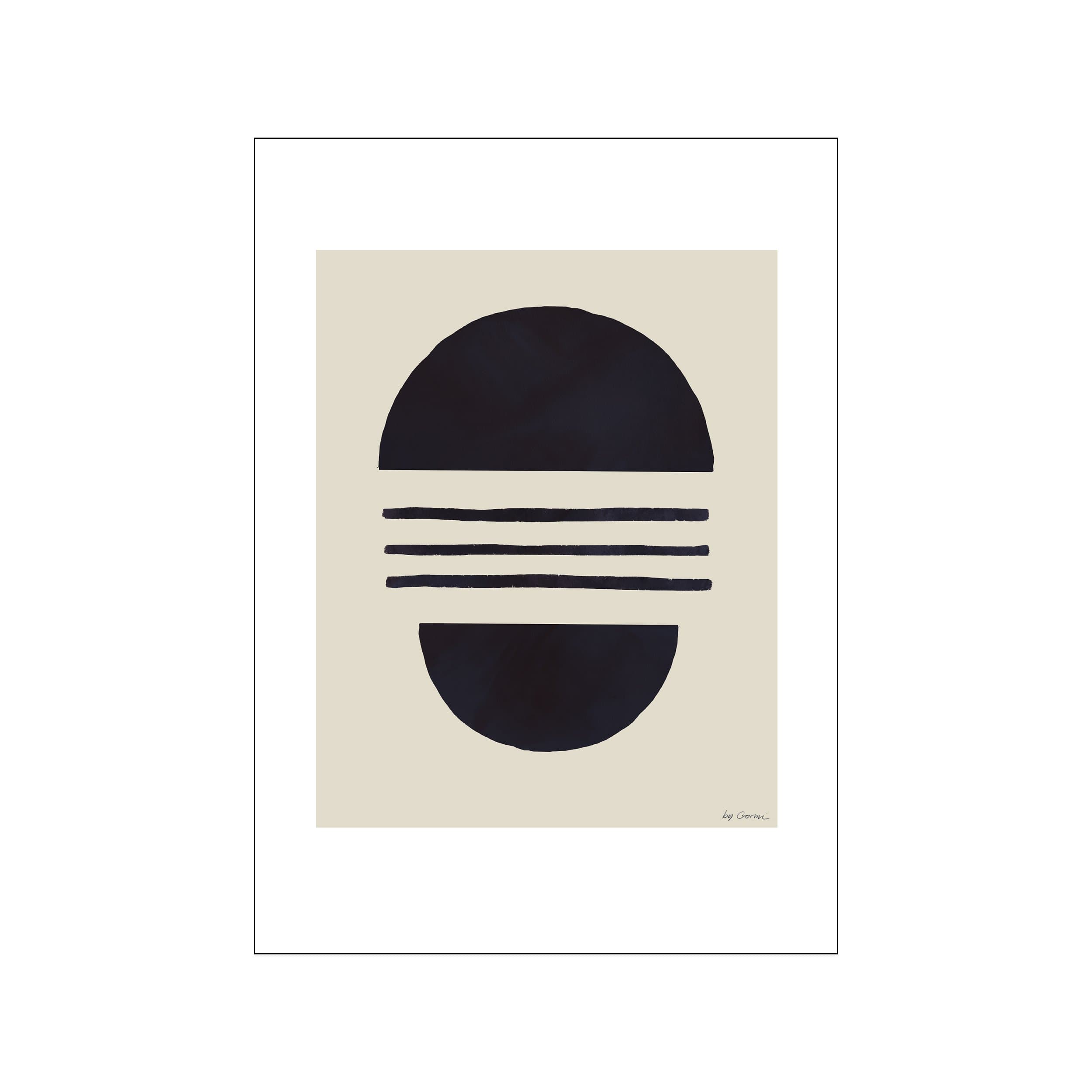 Abstract composition with a large dark semicircle above three horizontal lines and another dark semicircle below, set against a neutral beige background. Signed by the artist.