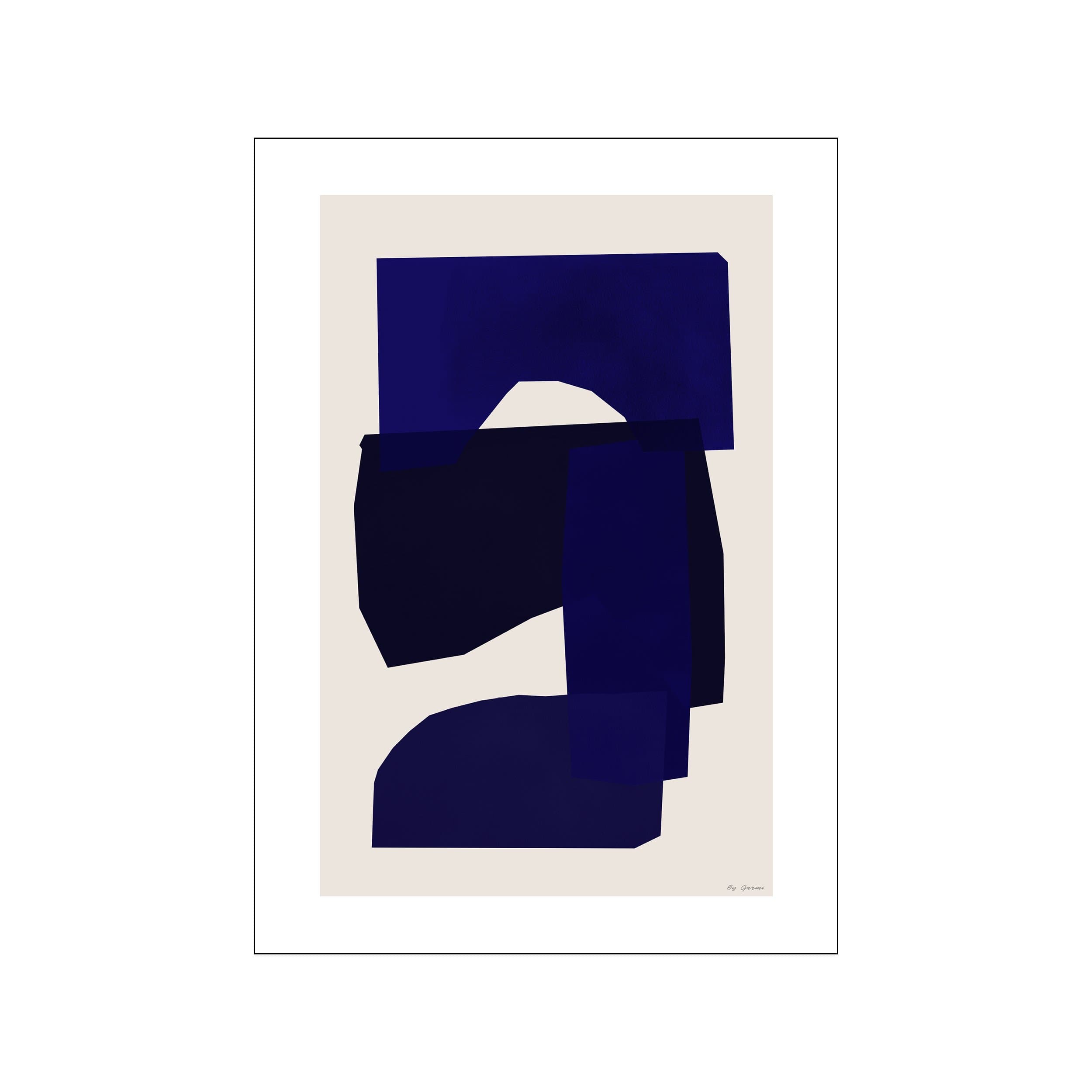 Abstract composition featuring overlapping organic shapes in deep navy and indigo blue against a neutral beige background, creating a mood of serene introspection.