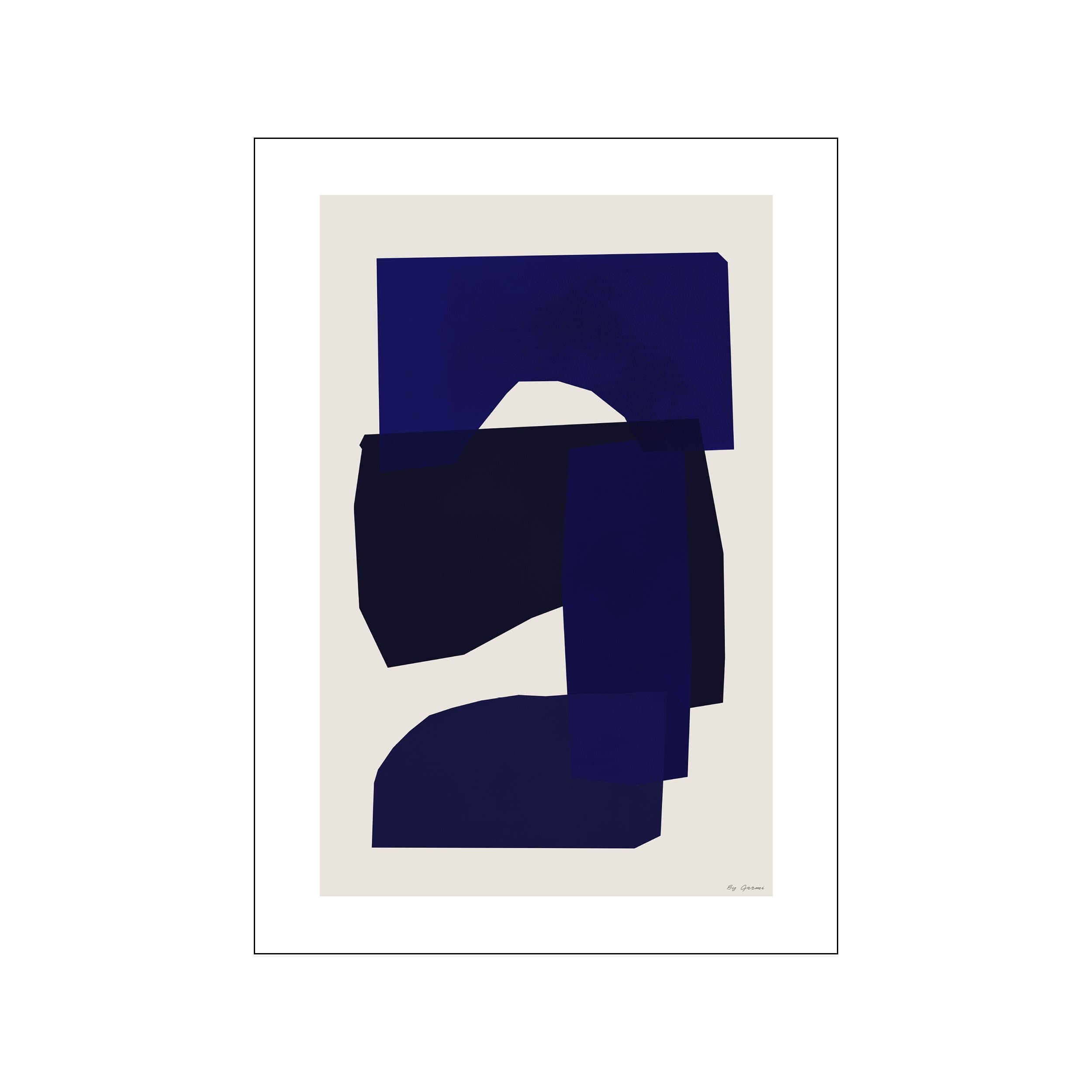Abstract composition featuring overlapping geometric and organic shapes in deep navy and indigo blue against a creamy beige background, evoking a sense of calm and modern elegance.