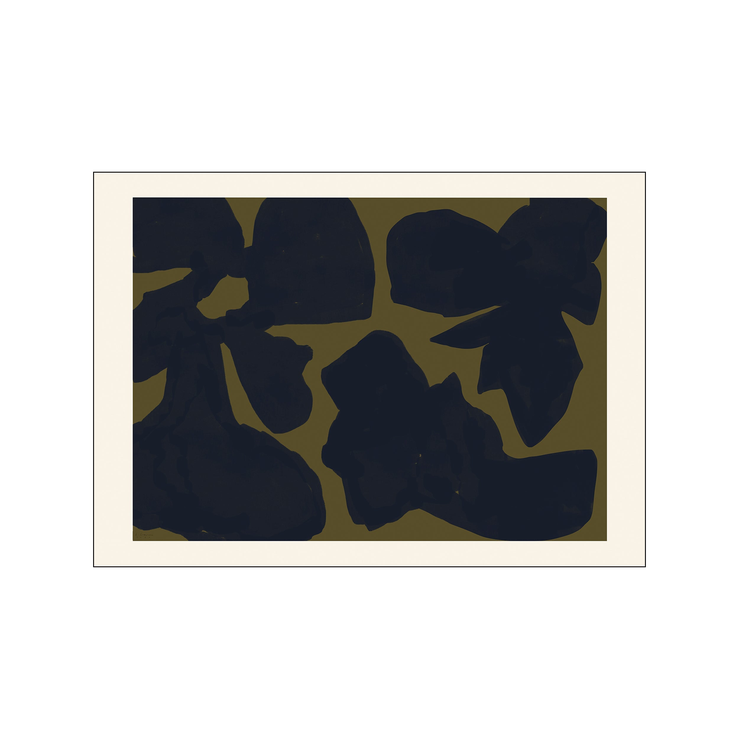 Abstract composition featuring large, organic shapes in dark navy blue against a muted olive green background, rendered with a painterly texture. Evokes a feeling of depth and calm.
