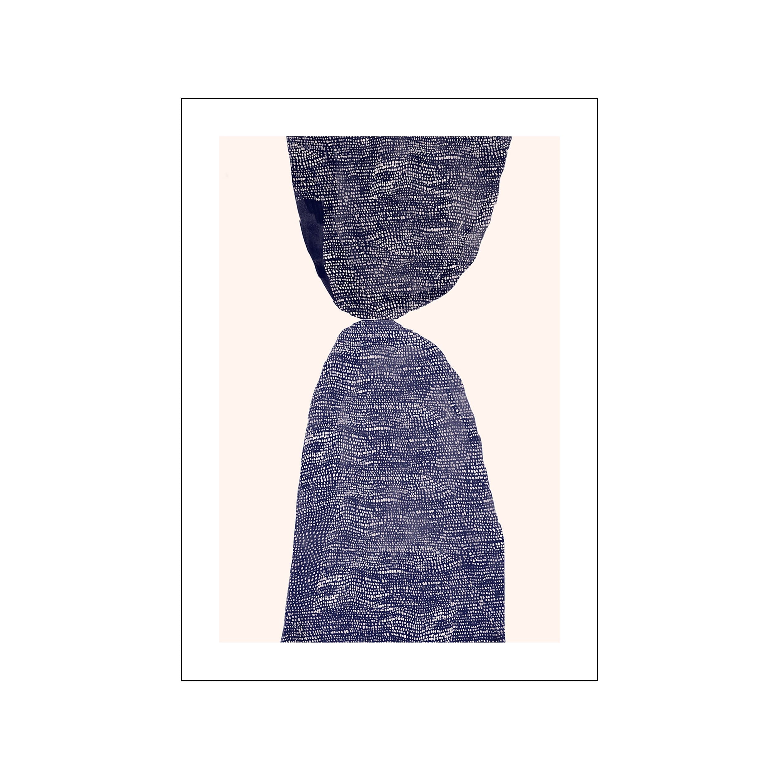 An abstract artwork featuring two organic shapes in deep blue, textured with tiny dots, layered against a soft cream background, suggesting a peaceful, organic landscape.