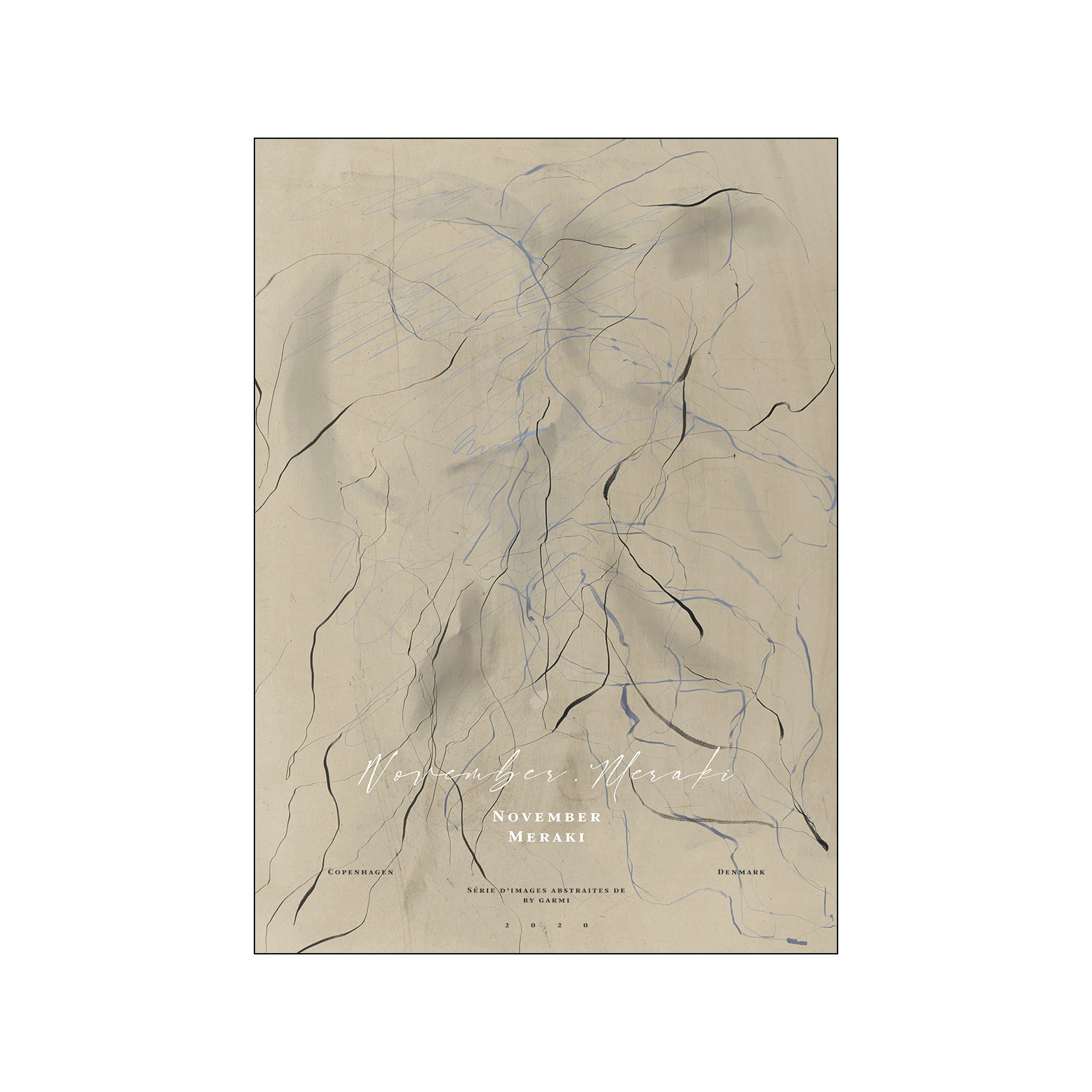An abstract composition of flowing, delicate lines in charcoal and soft blue drawn over a neutral, textured background, evoking a sense of organic movement and serene elegance.