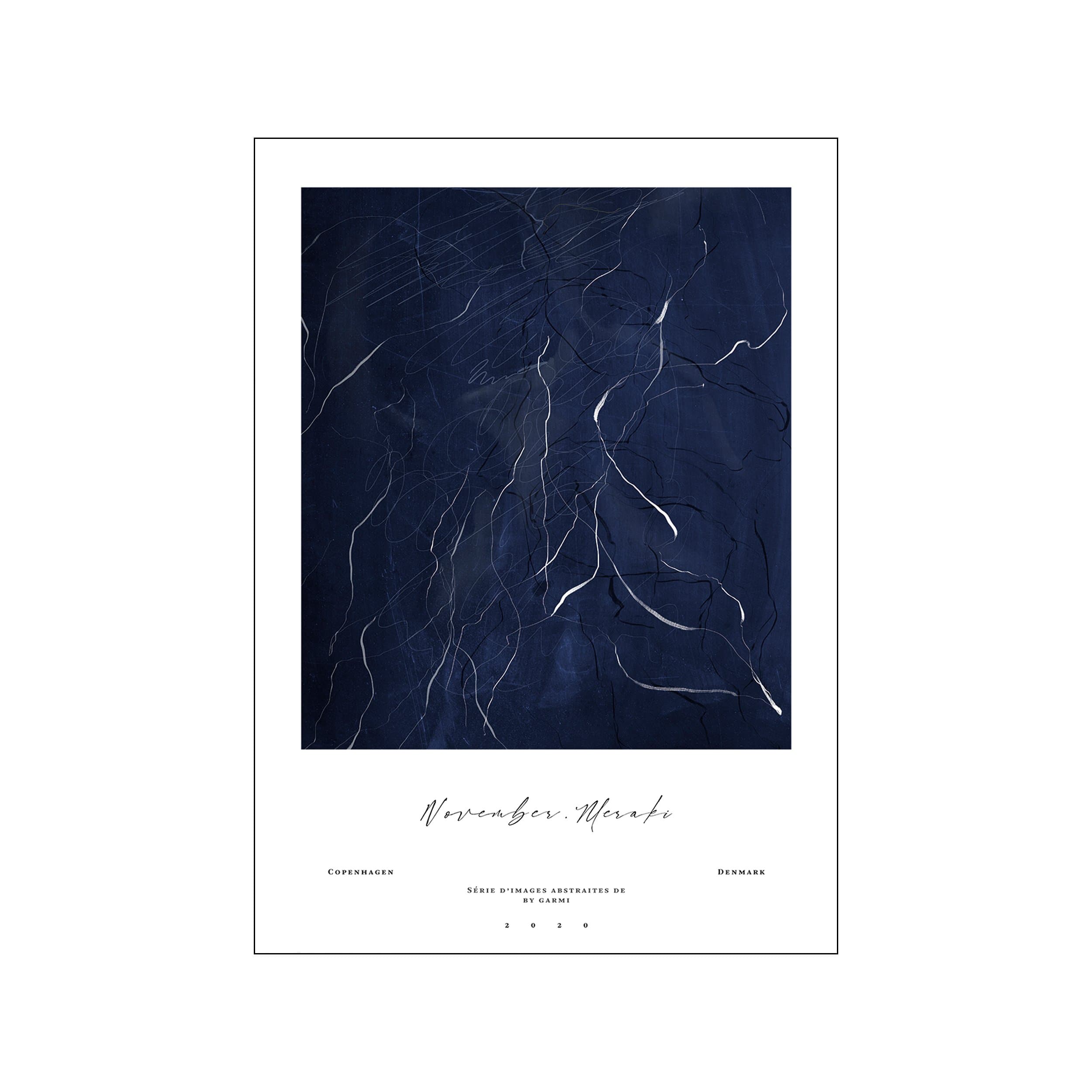 An abstract artwork featuring swirling lines and delicate scribbles in white and light grey against a deep, textured navy blue background, reminiscent of a night sky or organic patterns.