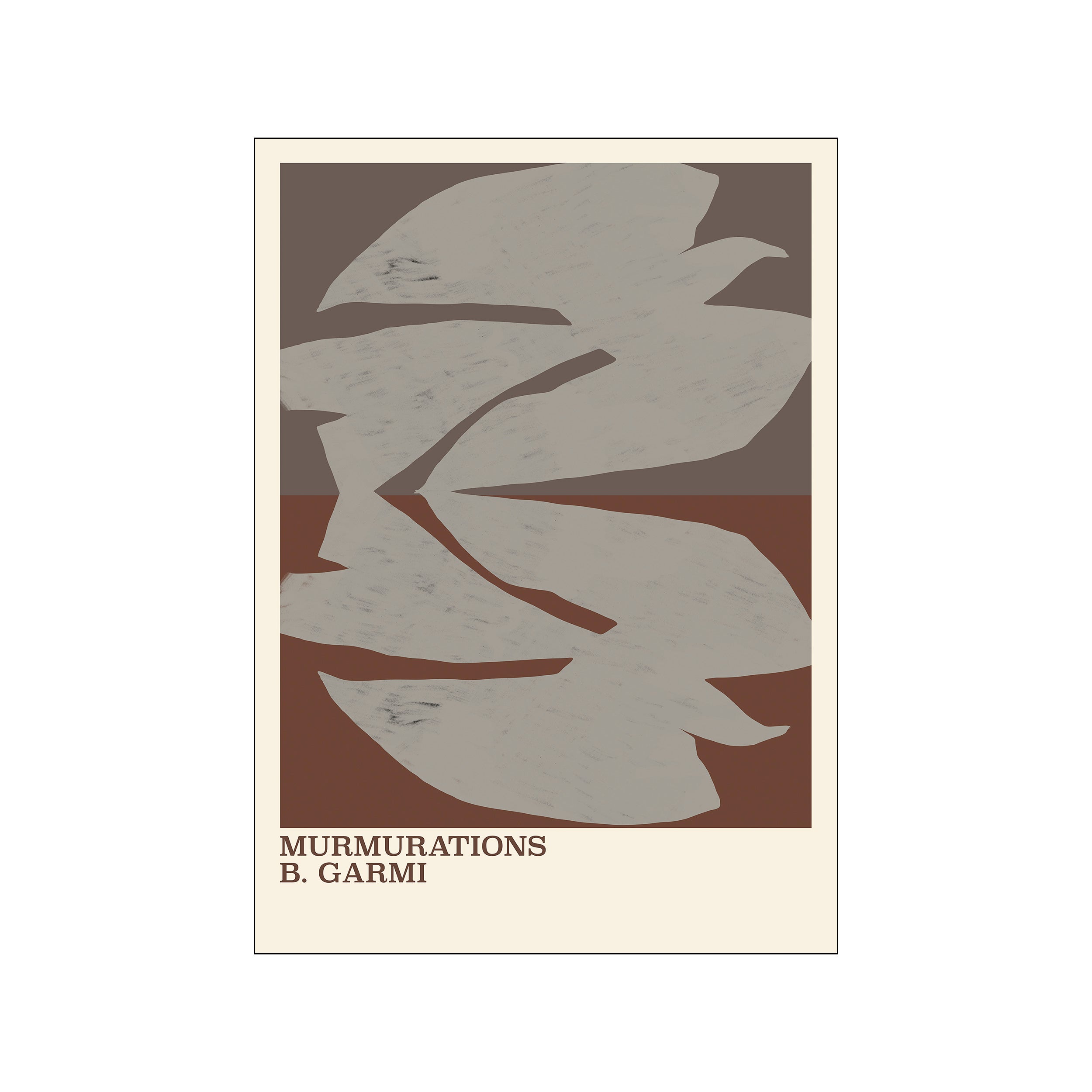 Abstract artwork featuring flowing organic shapes in muted grey and earthy brown tones, evoking a sense of gentle movement and calm, suitable for modern or bohemian interiors.