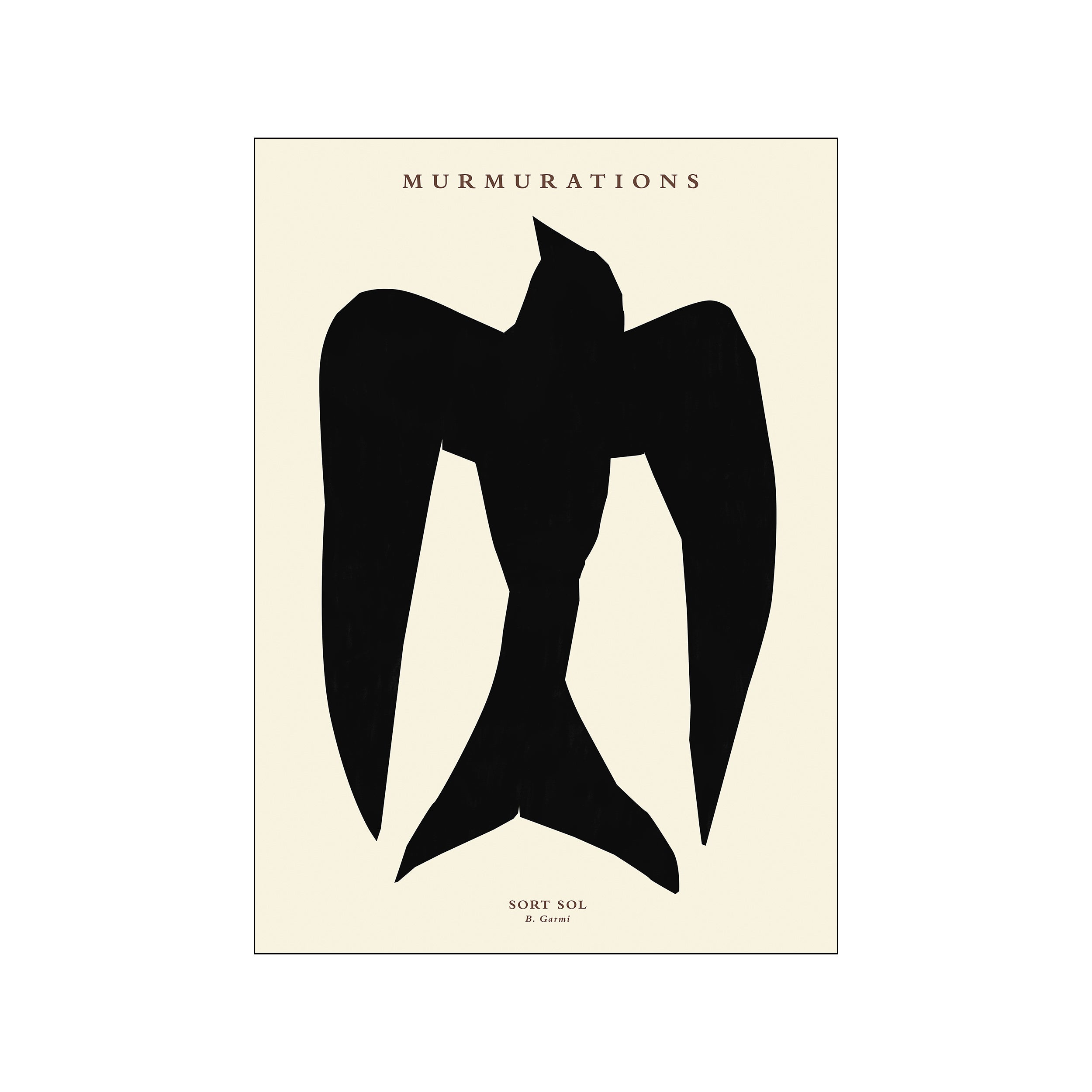 An abstract artwork depicting a stylized black bird in flight with outstretched wings against a soft, neutral cream background, conveying a sense of motion and organic grace.