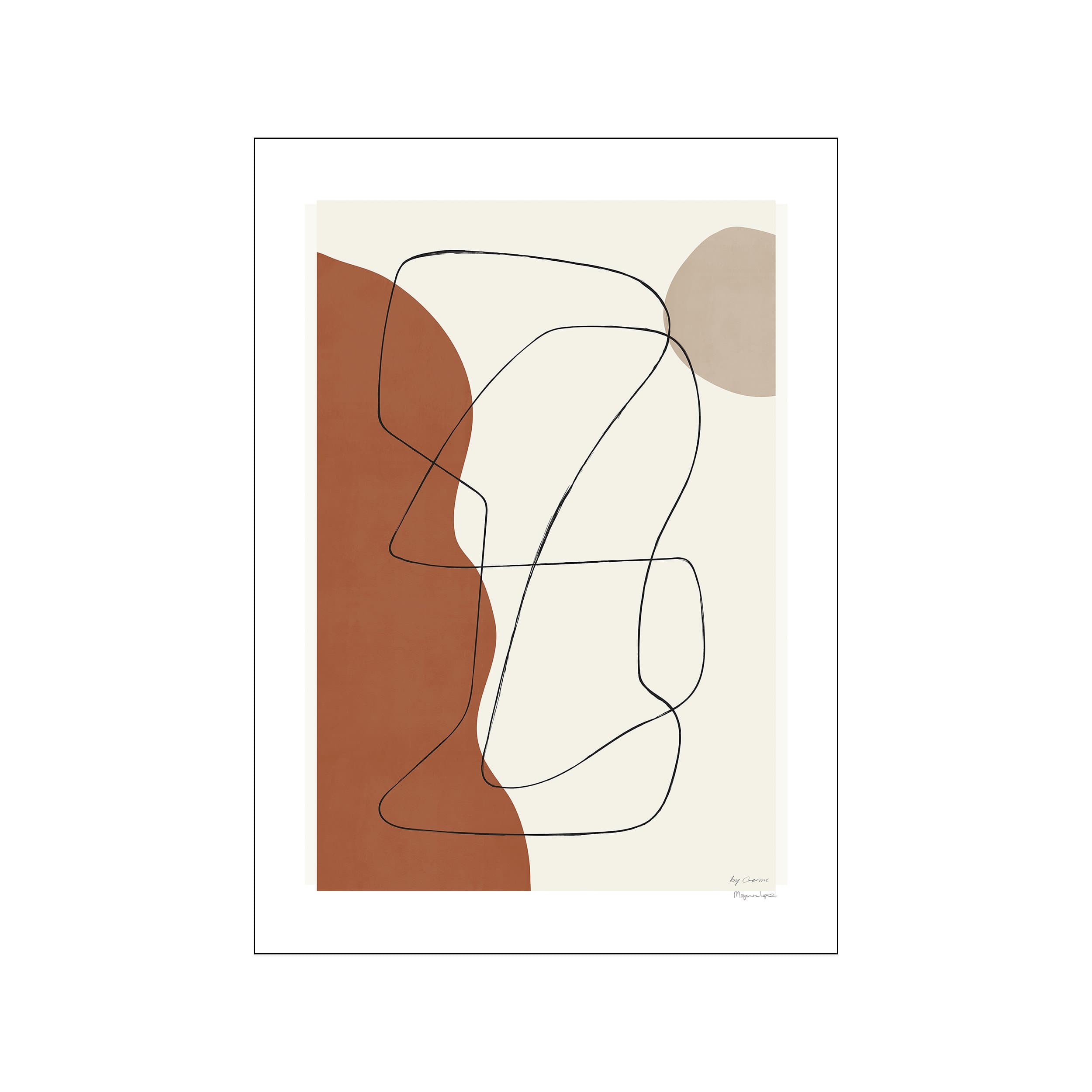 Abstract artwork featuring organic shapes in terracotta and beige, overlaid with a fluid black line drawing, creating a sense of calm and modern bohemian elegance.