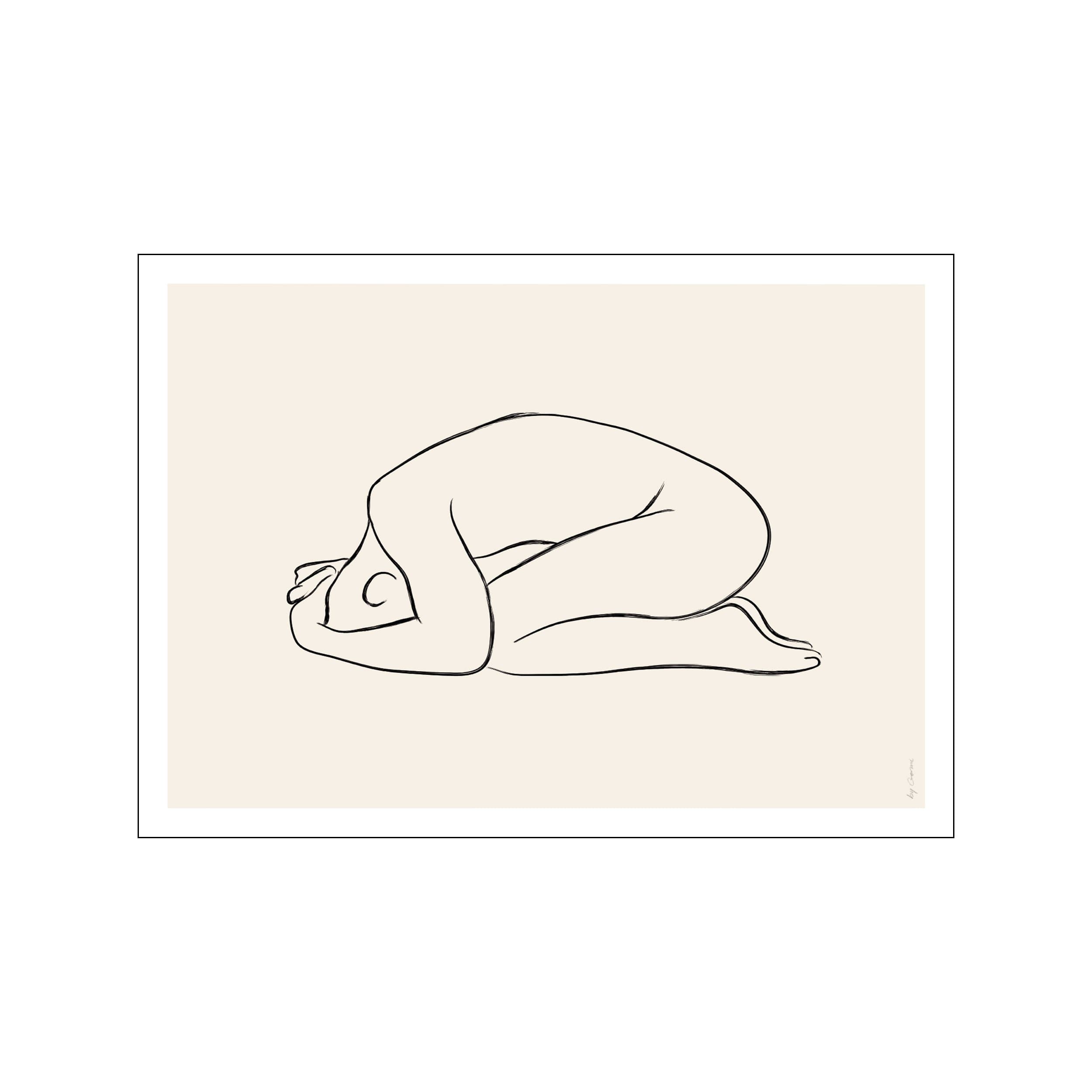 Minimalist black line drawing of a person curled up on a neutral background, conveying a sense of peaceful solitude. The simple, elegant composition enhances any bohemian or modern interior.