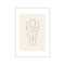 A minimalist line drawing of a figure curled into themselves, with arms wrapped around their knees, set against a soft beige background, signed by the artist.