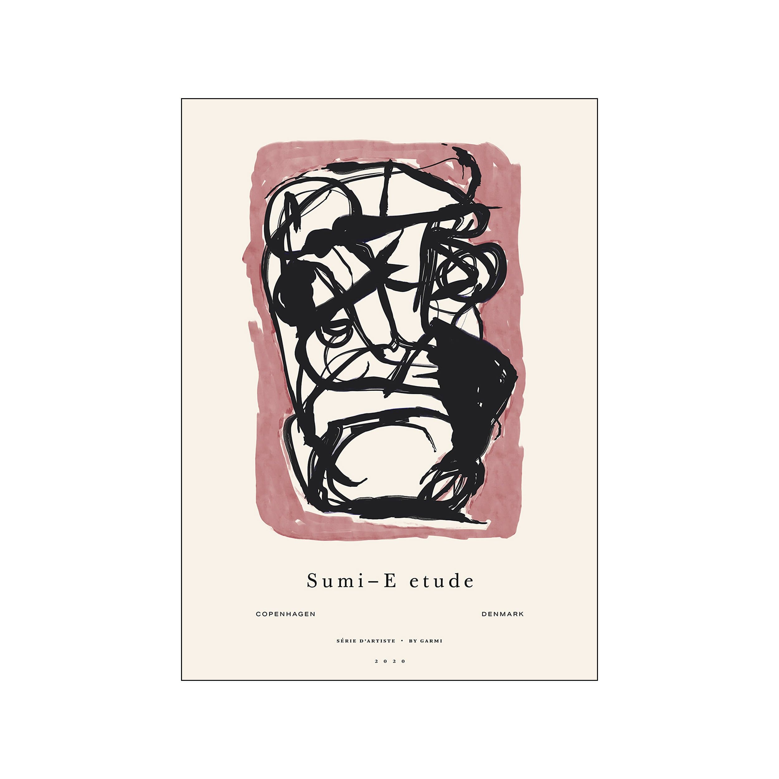 An abstract artwork with energetic black brushstrokes overlaying a soft, muted rose-colored wash on a cream background, titled 'Sumi E etude'.