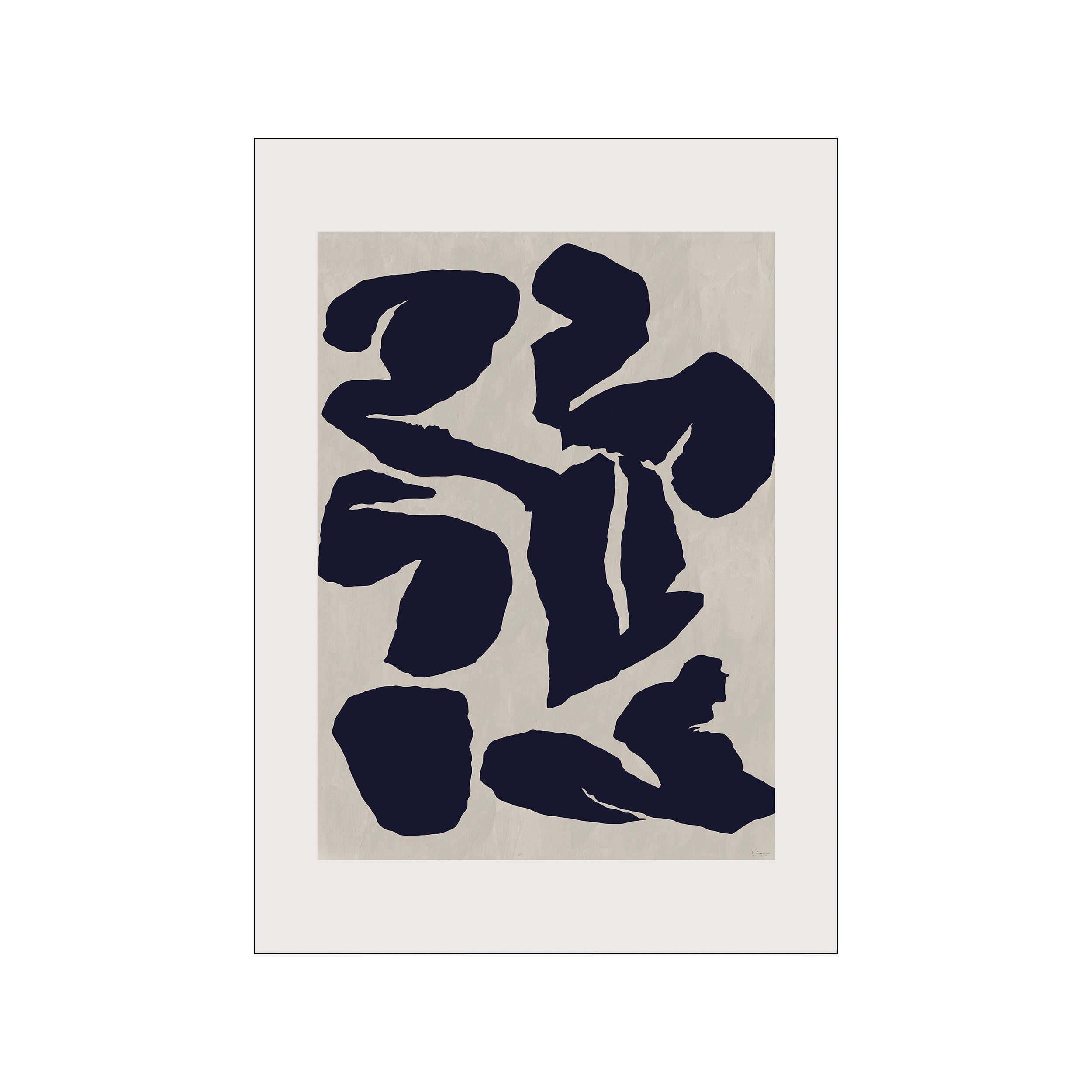 An abstract artwork featuring bold, dark navy shapes with organic, flowing edges against a light, textured neutral background. The composition has a sense of movement and balance, suggesting a modern yet earthy aesthetic.