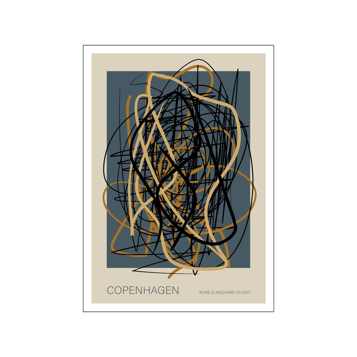 Abstract poster with blue-gray ground, black and ochre looping lines, and Copenhagen text