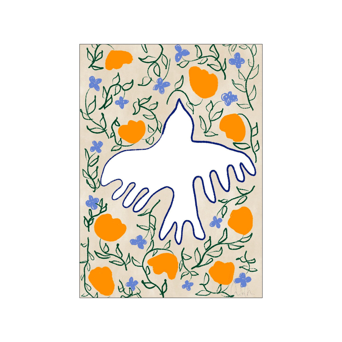 White dove outlined in blue, surrounded by green vines and orange floral shapes on cream