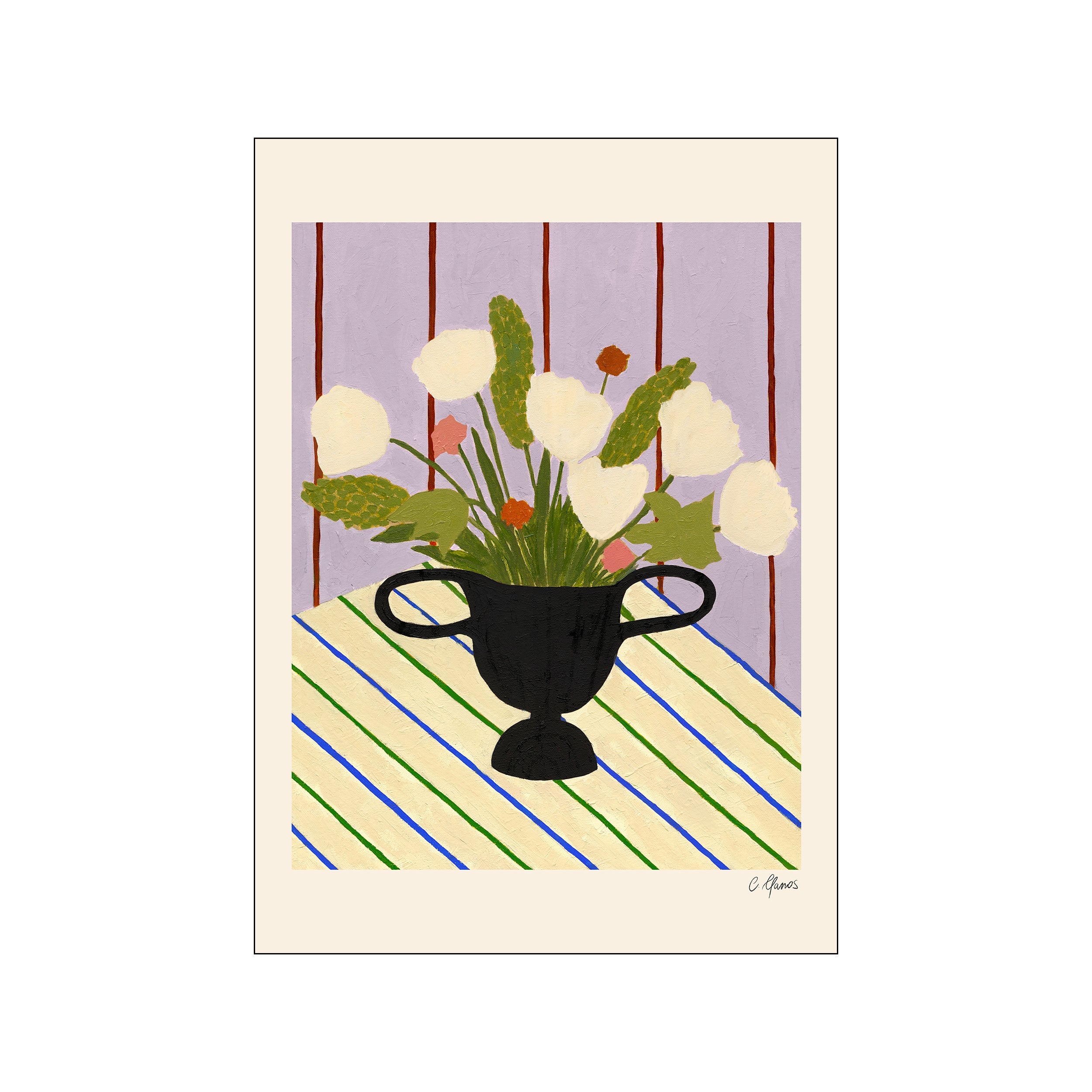 Framed artwork of a vase with flowers on a striped tablecloth against a purple background
