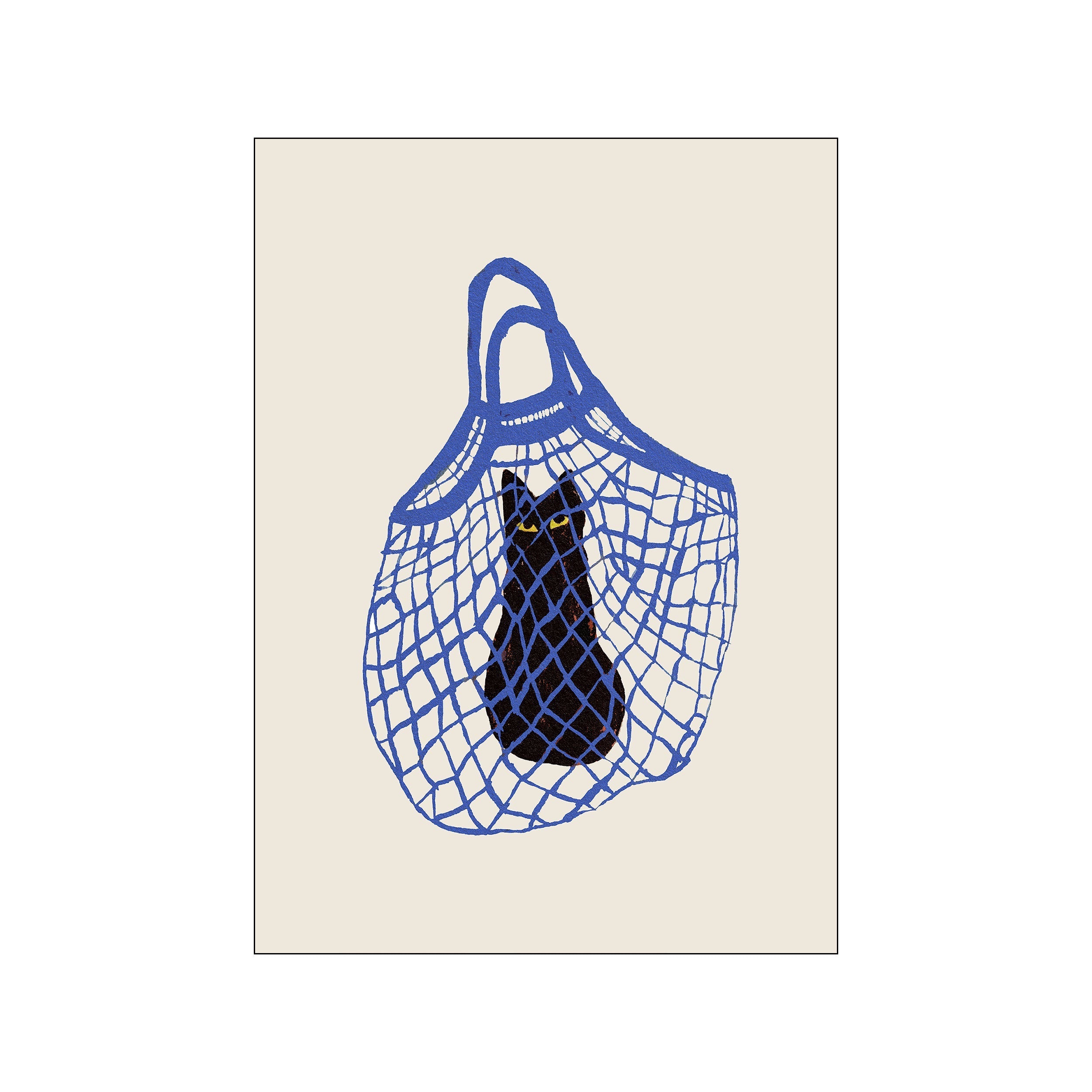 A black cat with bright yellow eyes peeks out from a hand-drawn cobalt blue net bag against a creamy, neutral background, adding a touch of playful mystery.