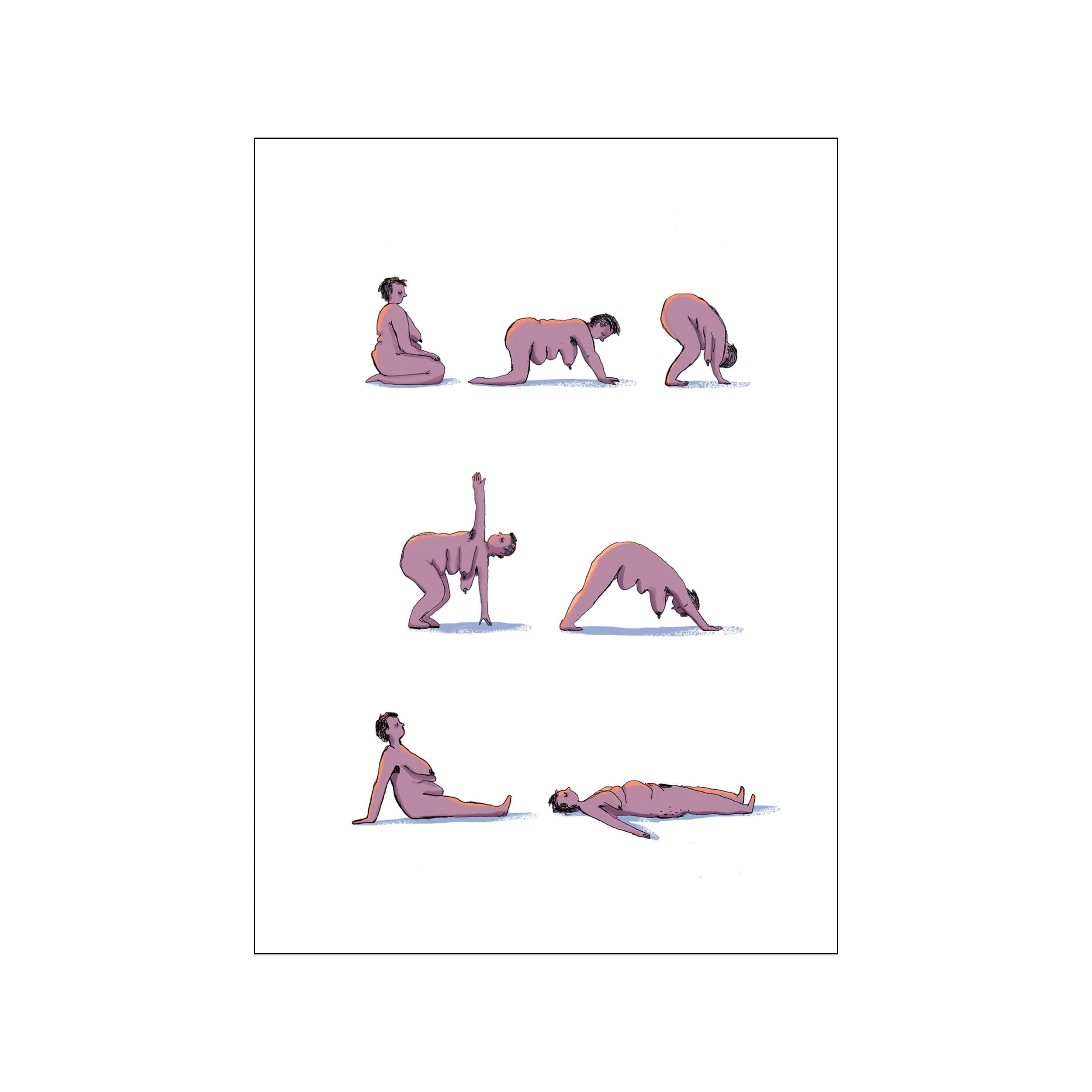 Minimal figure study of a woman in six yoga poses on a white background
