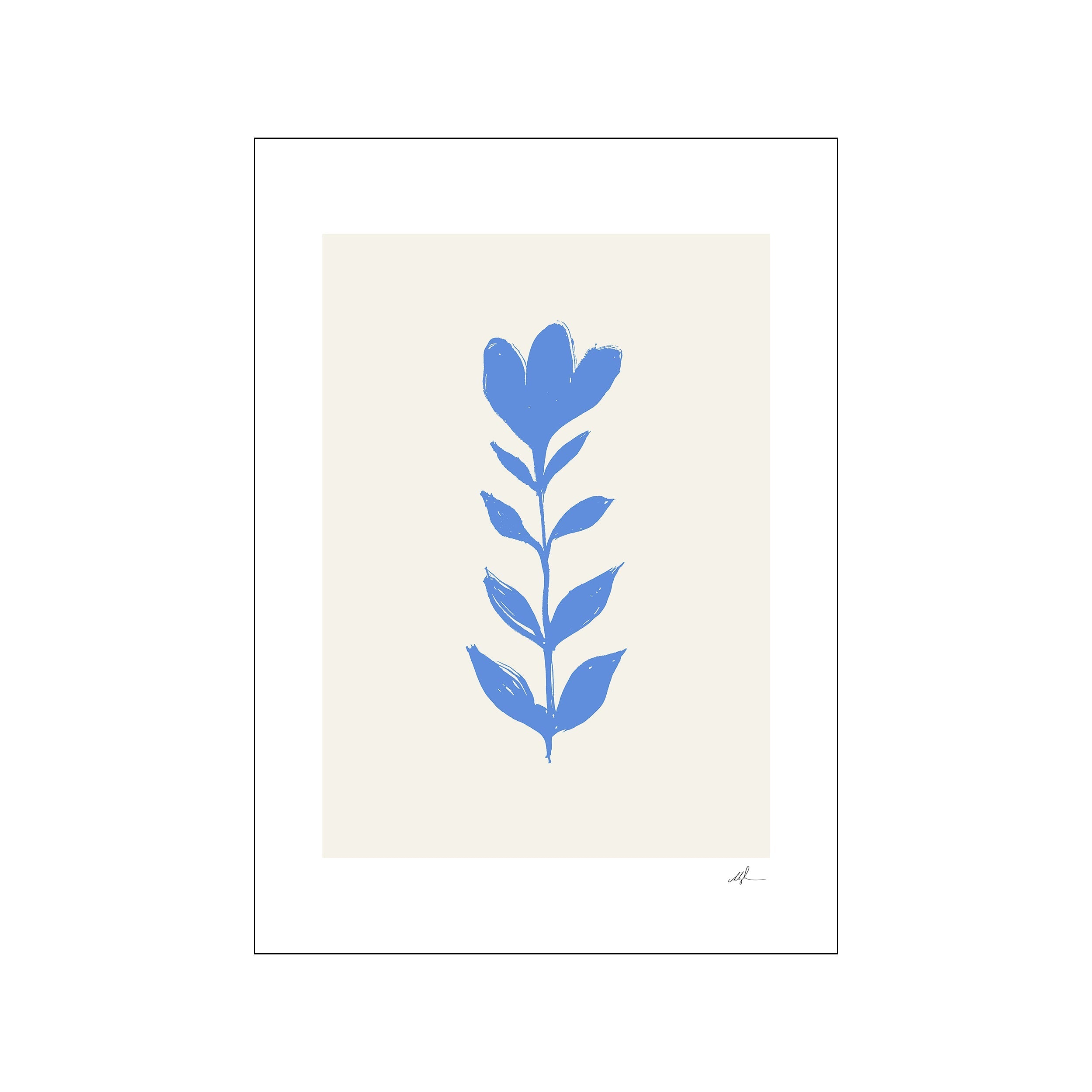 A minimalist illustration of a single blue flower with a stem and leaves, painted with a brushstroke texture on a cream background. Its simple yet elegant design adds a touch of calm sophistication to a.