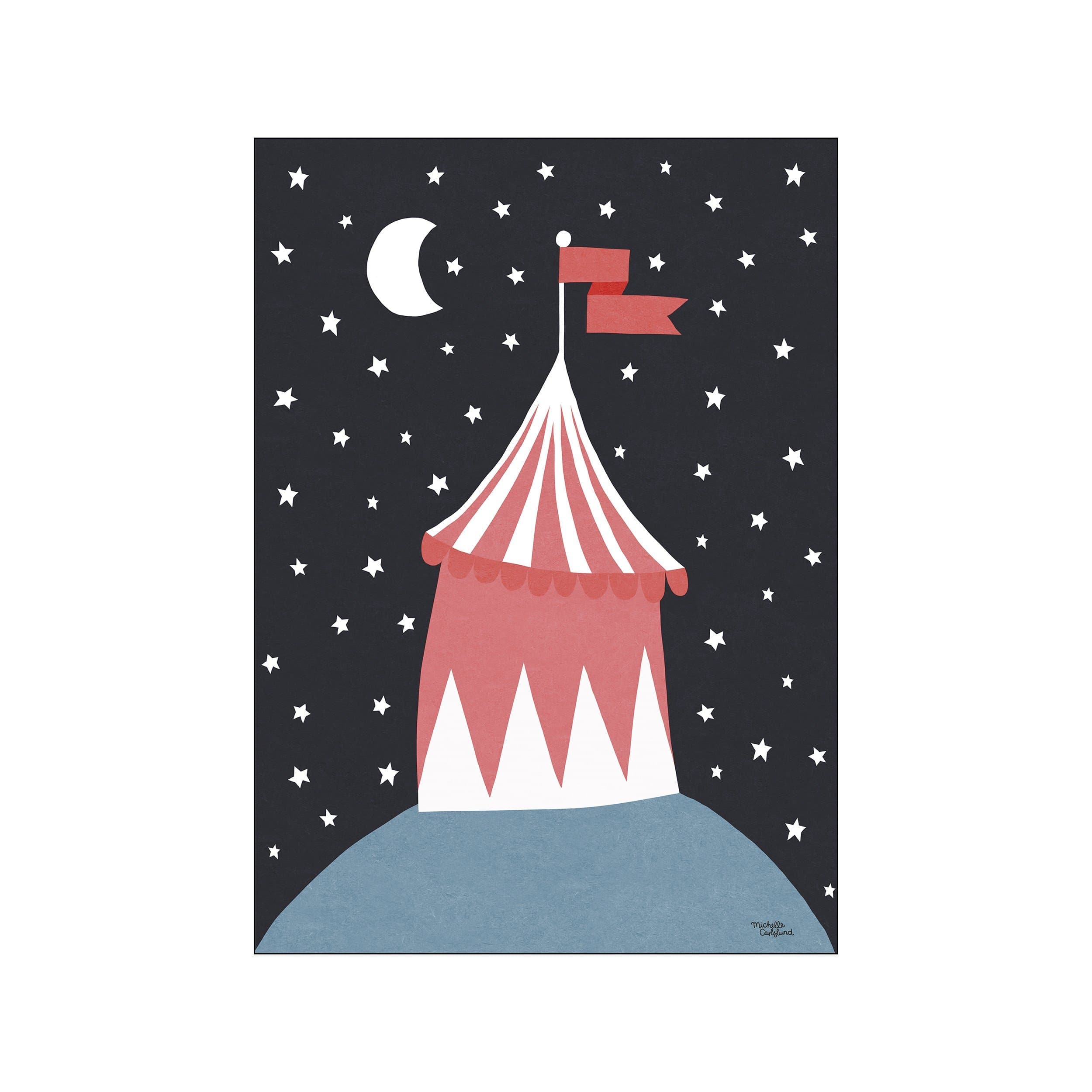A whimsical illustration of a red and white striped circus tent under a dark starry night sky with a crescent moon, resting on a soft blue hill.