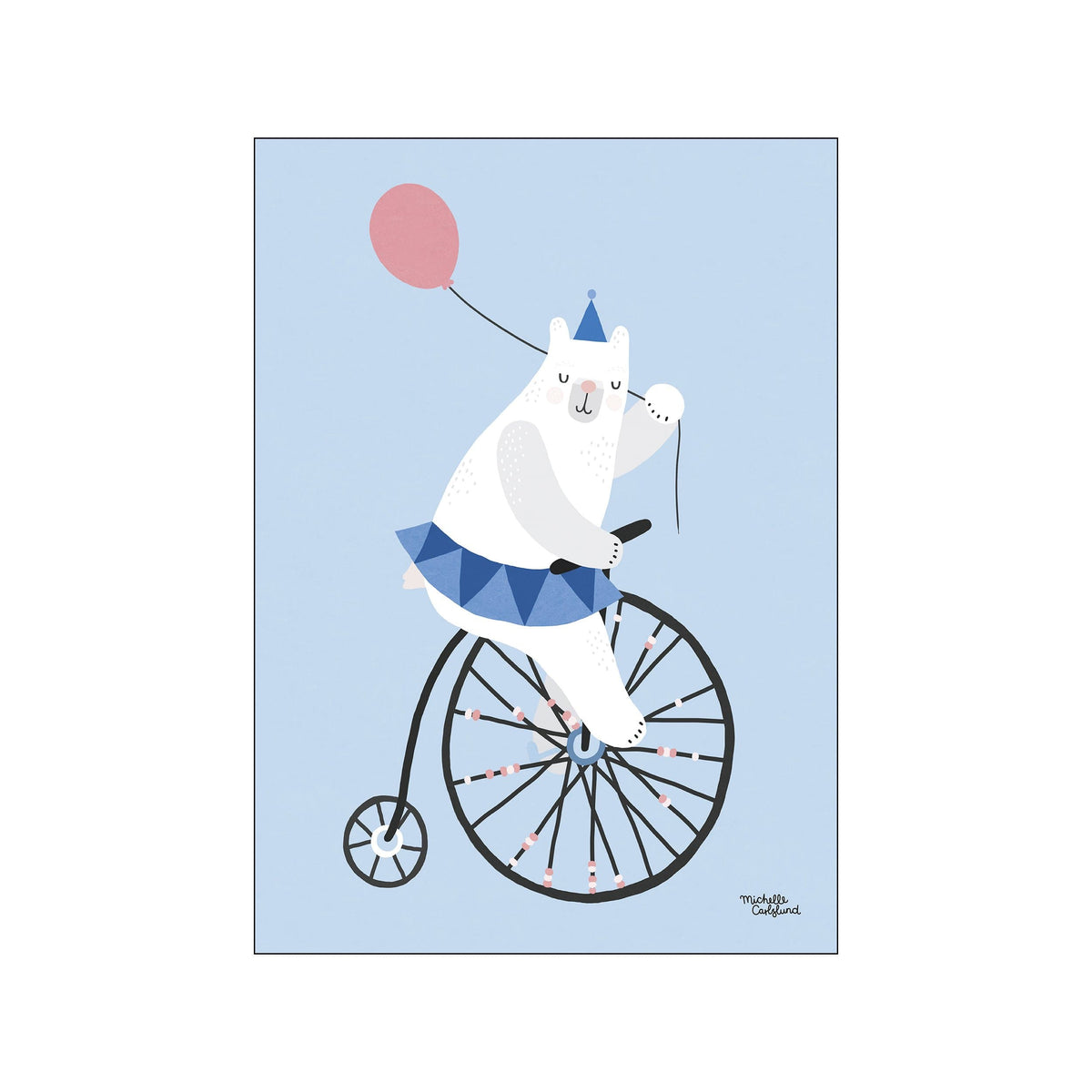 A whimsical illustration of a polar bear wearing a party hat and blue tutu, riding a vintage bicycle with a pink balloon floating above. The artwork features a soft blue background.