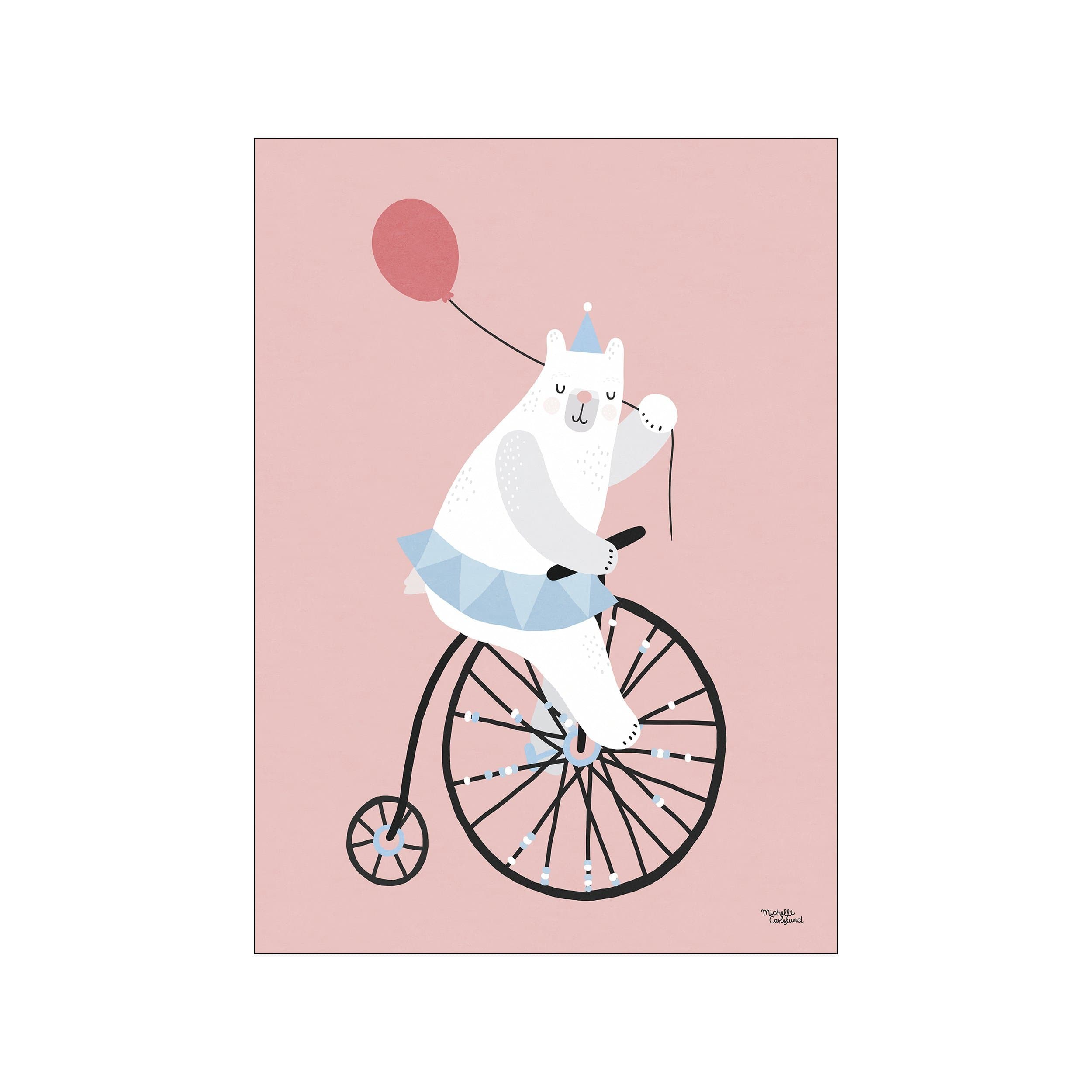 A white polar bear wearing a blue party hat and tutu rides a black vintage bicycle, holding a red balloon against a soft pink background. The artwork has a whimsical and cheerful vibe.