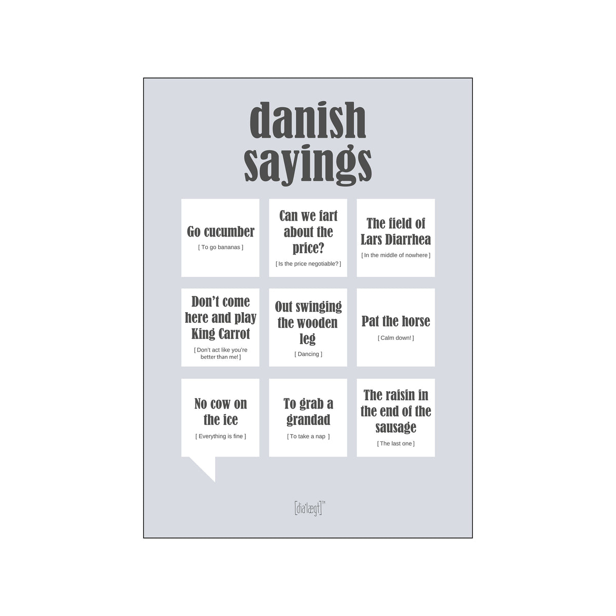 Gray typographic poster with bold title and nine humorous English phrase blocks