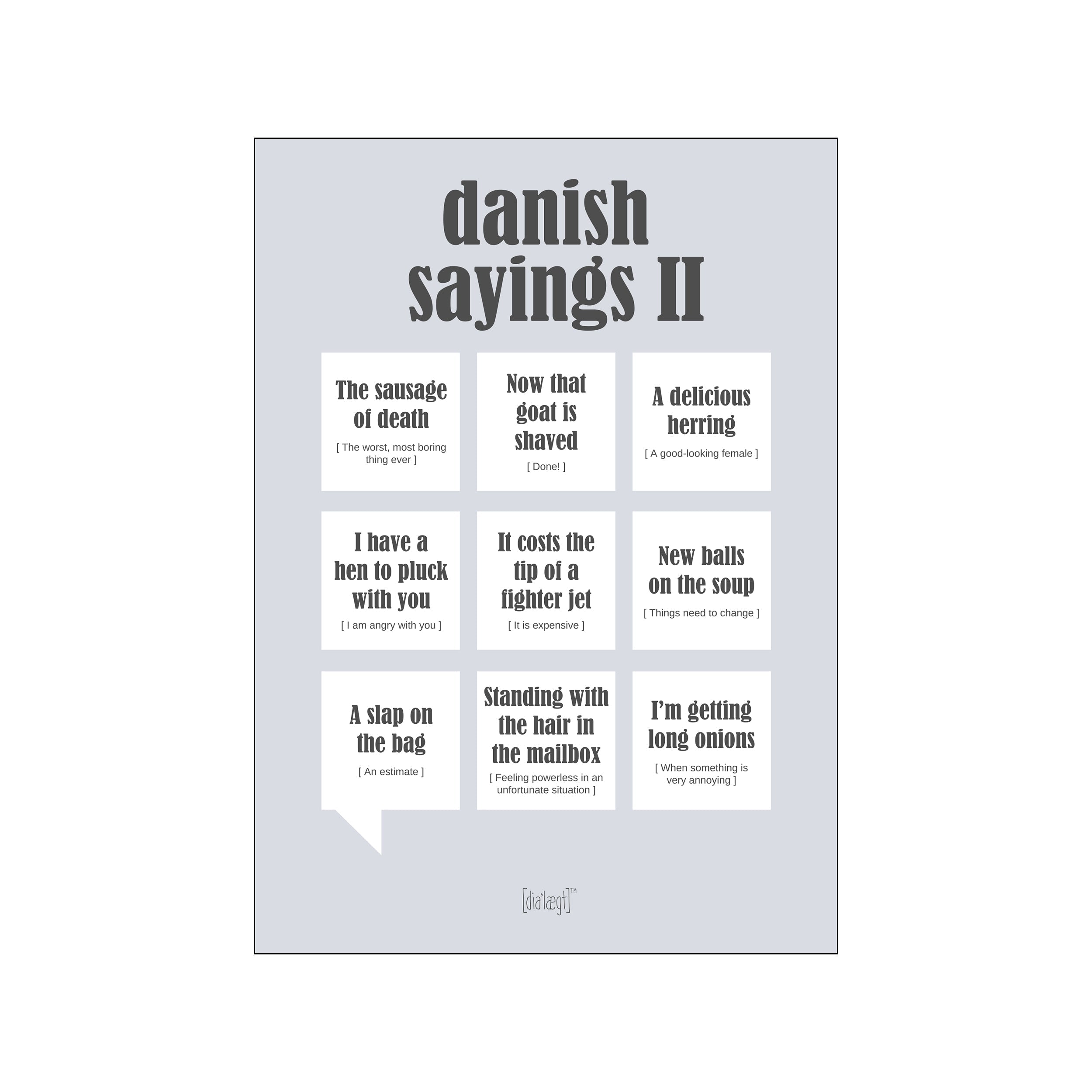 Light gray typographic poster with charcoal title and nine white quote panels