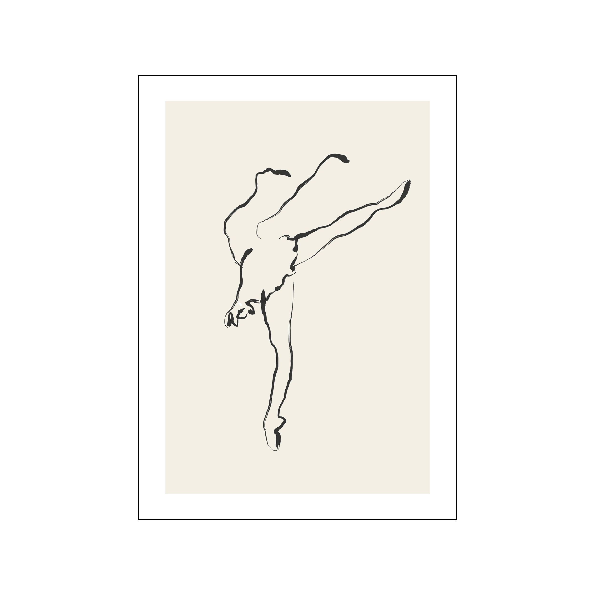 A minimalist line drawing of a ballet dancer in a graceful pose, rendered in bold black ink against a soft, creamy background, conveying elegance and movement.
