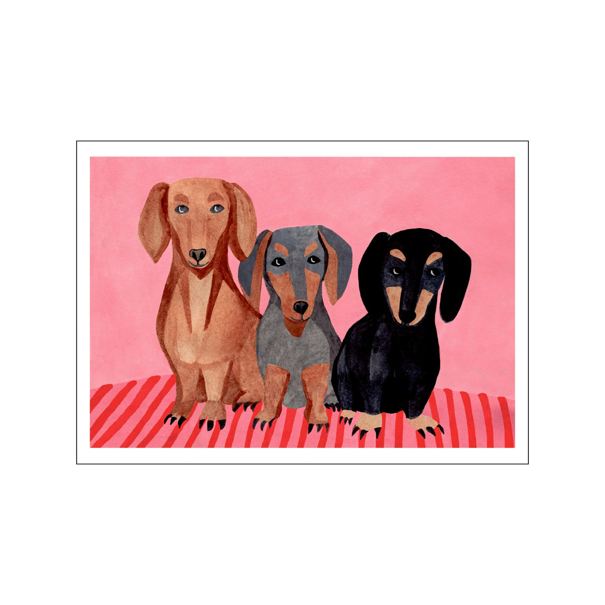 Three stylized dachshunds in tan, gray, and black on a pink background with red stripes