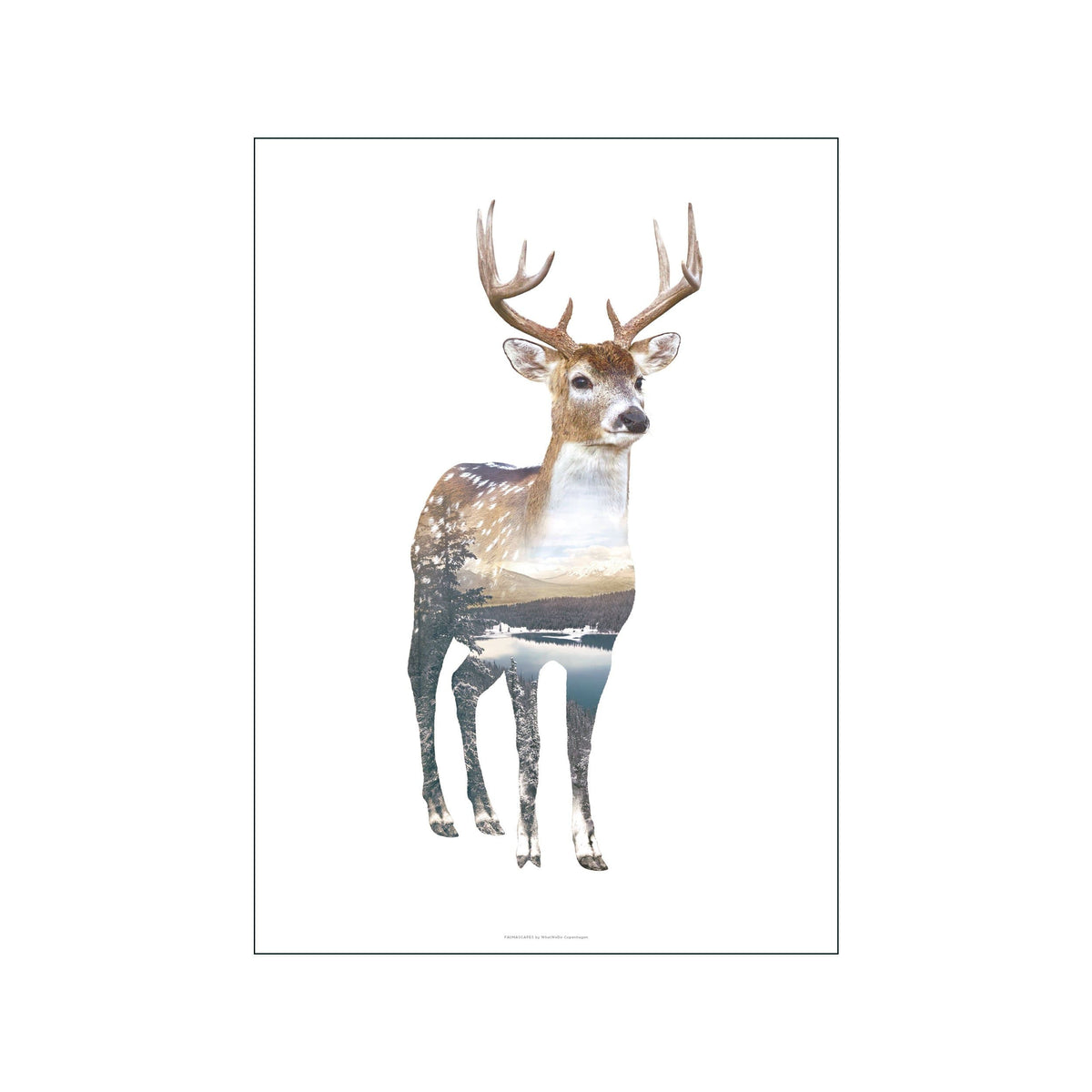 Standing deer with antlers filled by a soft forest and lake landscape collage on white