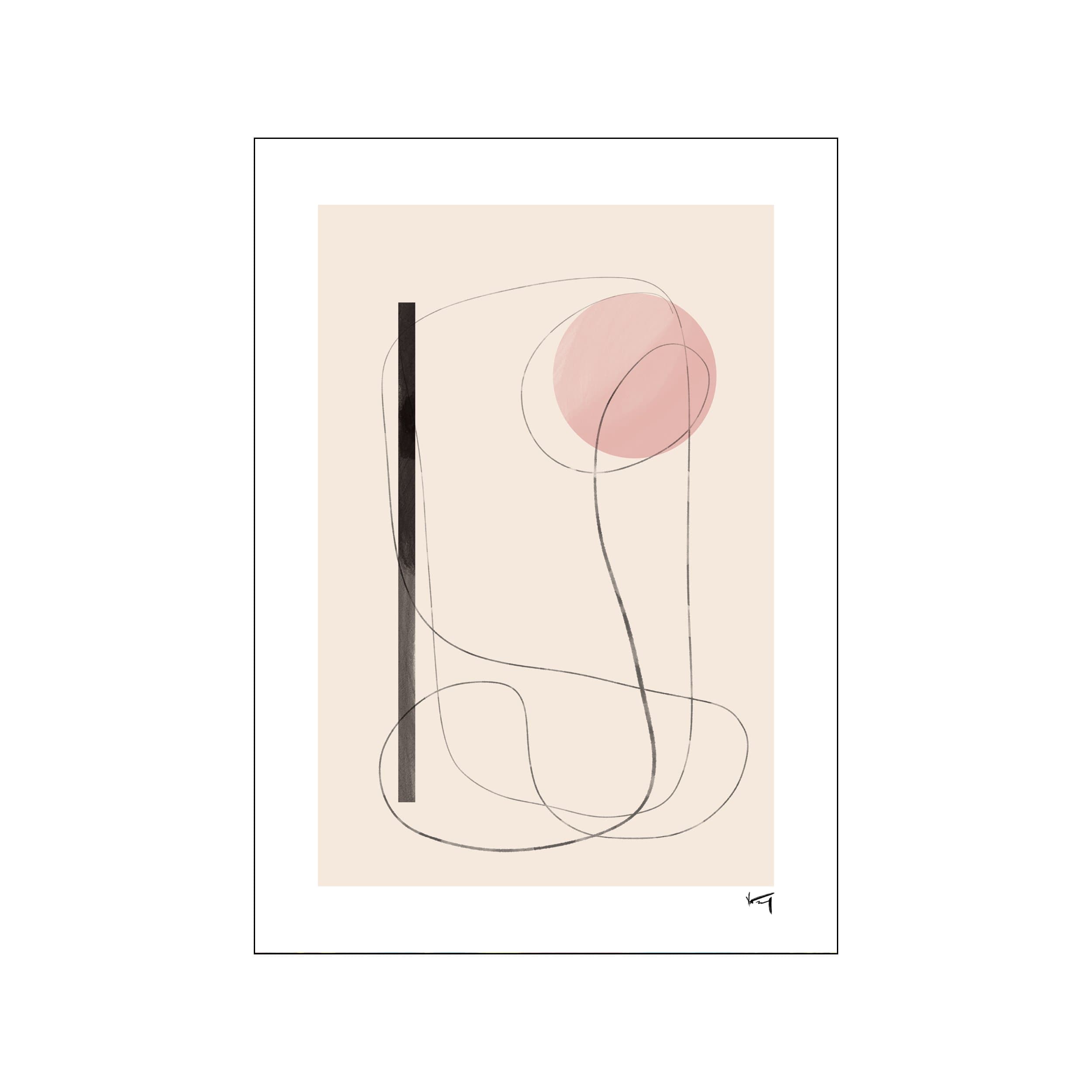 Minimal abstract print with blush circle, charcoal linework, and cream background