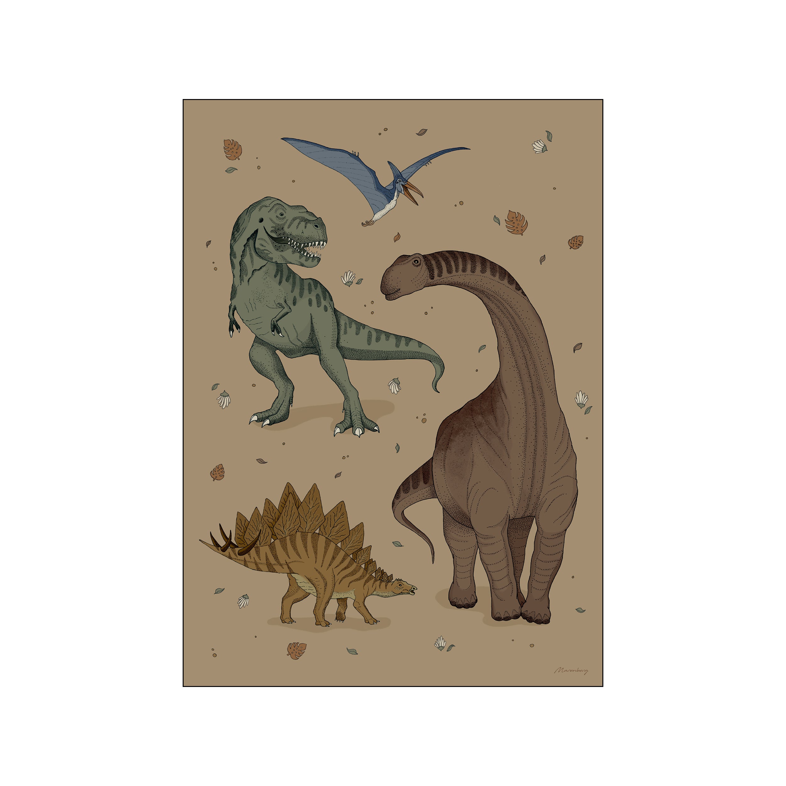 A charming illustration featuring a green Tyrannosaurus Rex, a brown Brontosaurus, a striped Stegosaurus, and a blue Pterodactyl amidst scattered leaves and shells on a taupe background.