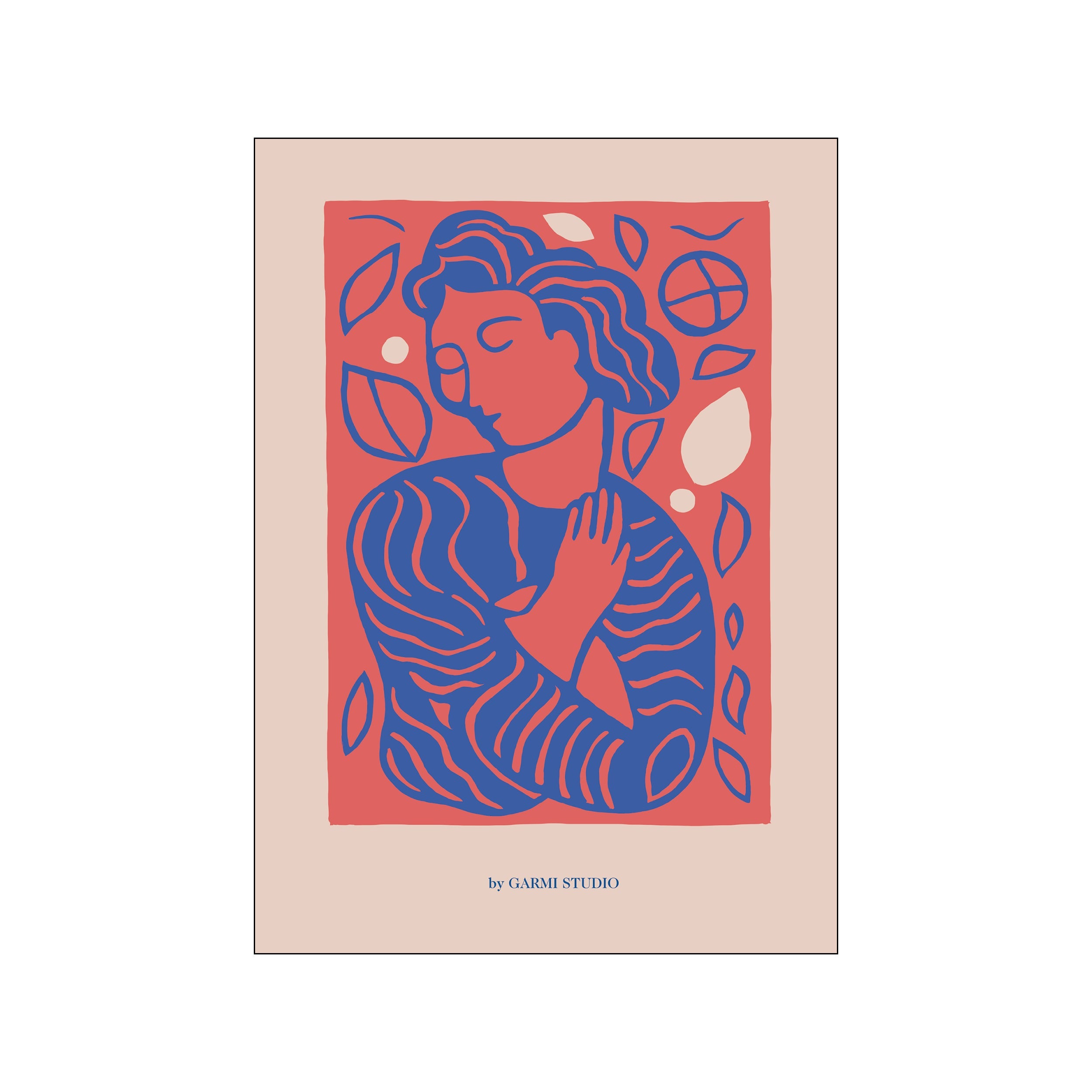 A stylized portrait in bold blue outlines against a coral background, with flowing lines suggesting movement and organic shapes. The overall vibe is serene, artistic, and modern.