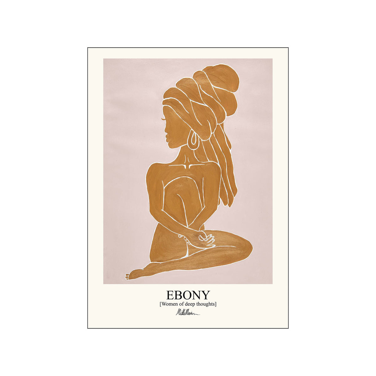 Orange seated woman profile portrait with wrapped headpiece on a pale blush background