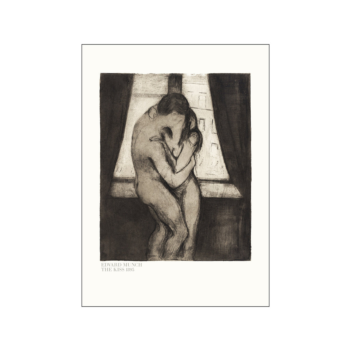 Black and white Edvard Munch sketch of a nude couple embracing by a window