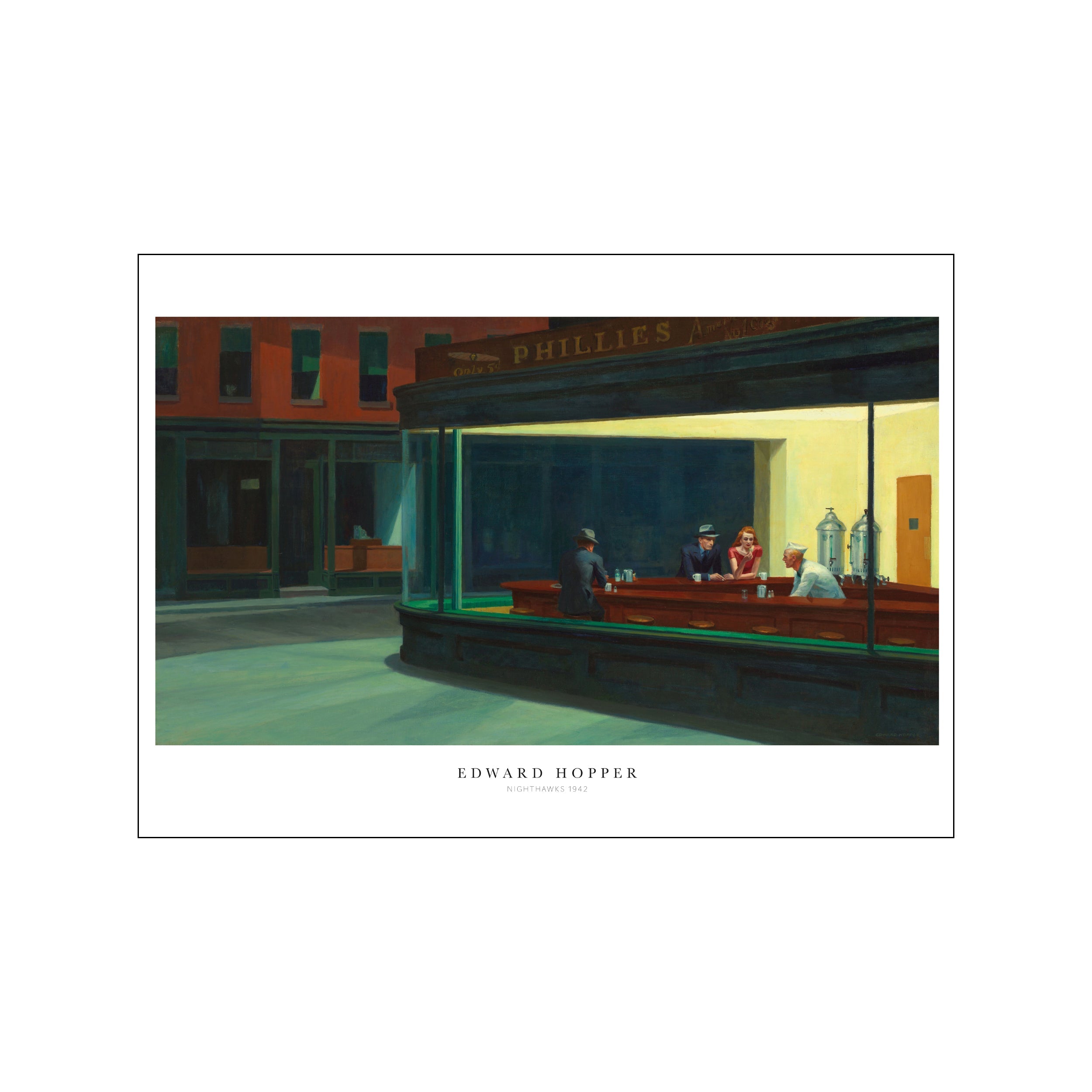 Edward Hopper Nighthawks 1942 print showing a glowing diner with seated figures at night