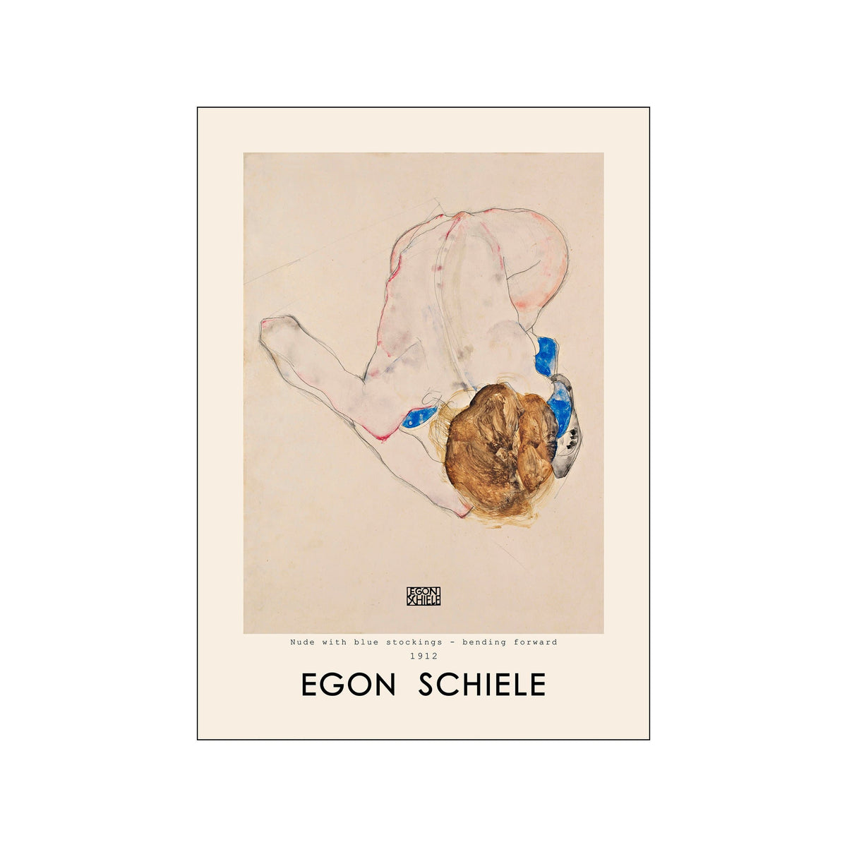 Egon Schiele poster of a seated nude woman with beige ground, blue accents, and brown hair