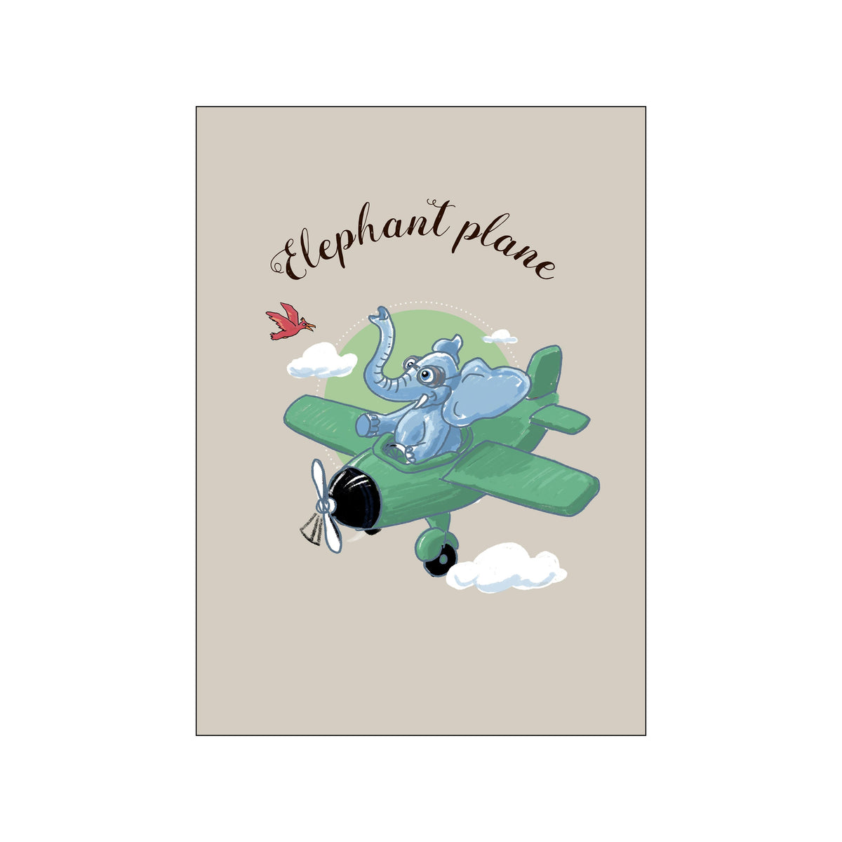 A charming illustration of a light blue elephant wearing goggles, joyfully piloting a green biplane through the sky amidst soft clouds and a tiny red bird.