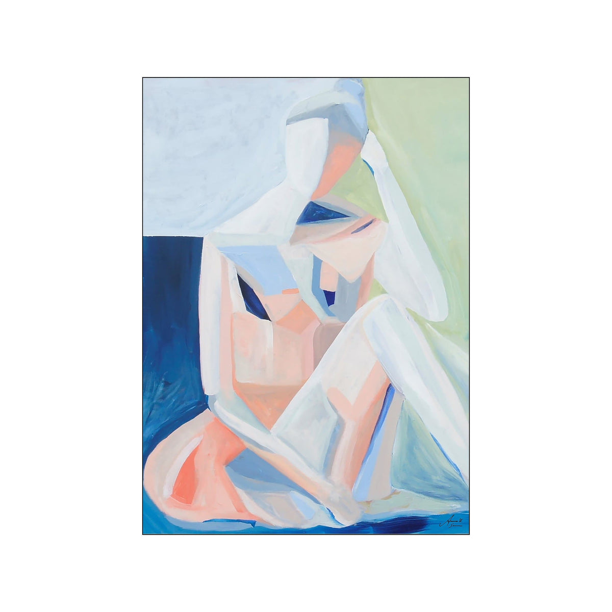 Abstract seated figure portrait in soft blue, green, and blush tones with loose geometric forms