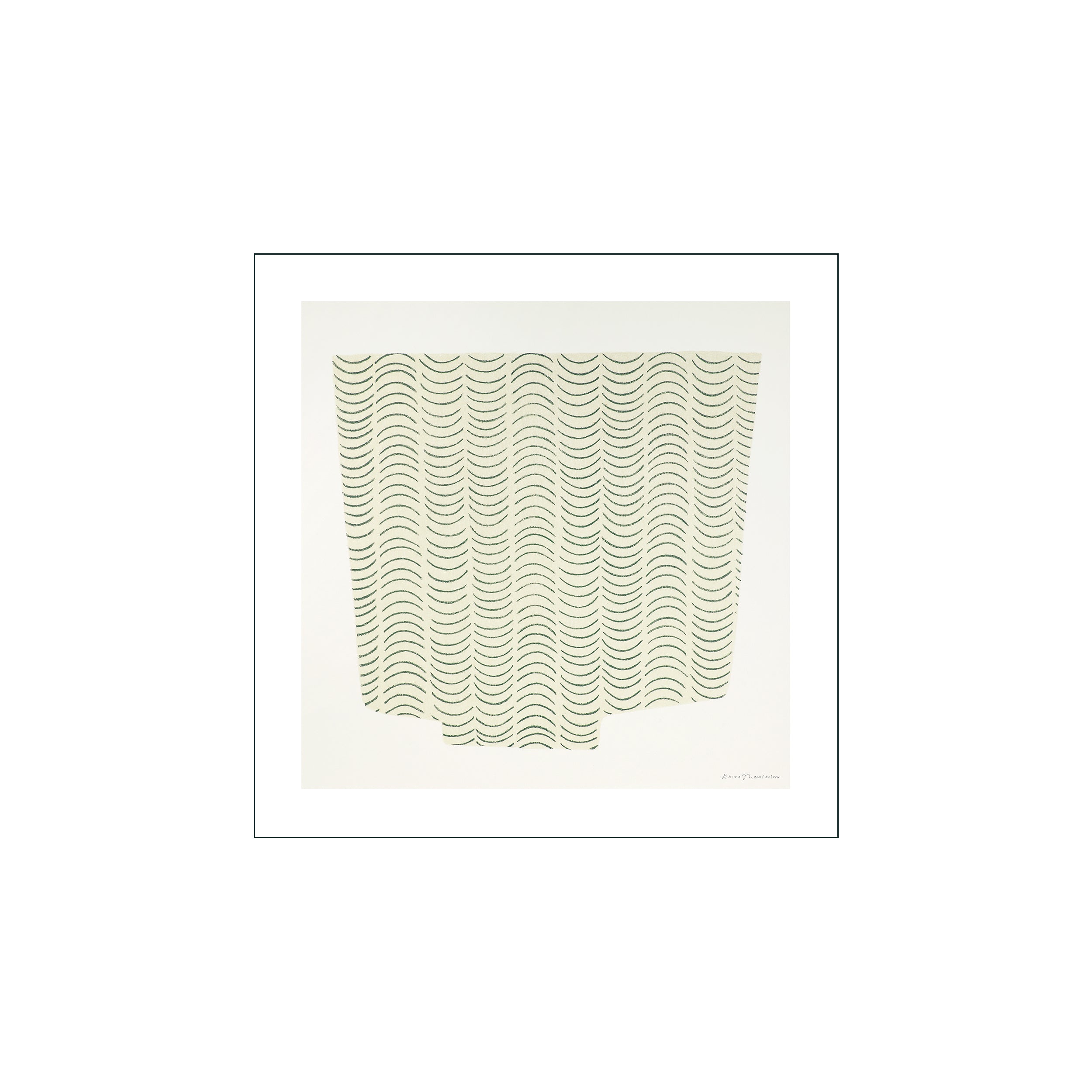 An abstract composition featuring vertical rows of dark green, wavy lines on a cream background, creating a sense of gentle movement and natural rhythm.