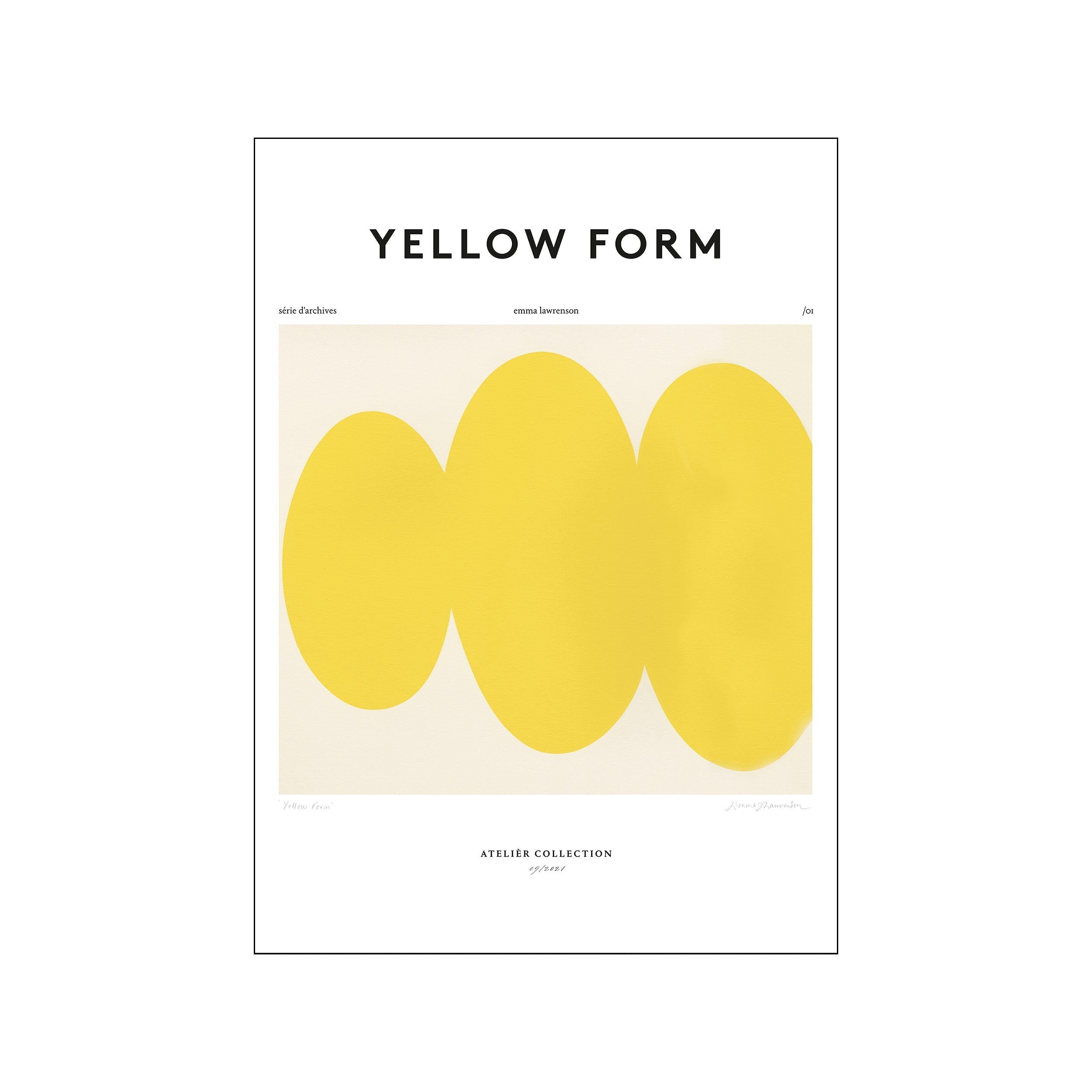 Abstract artwork featuring three overlapping, organic yellow shapes against a creamy background, evoking a sense of warmth and tranquility. Signed by Emma Lawrenson.