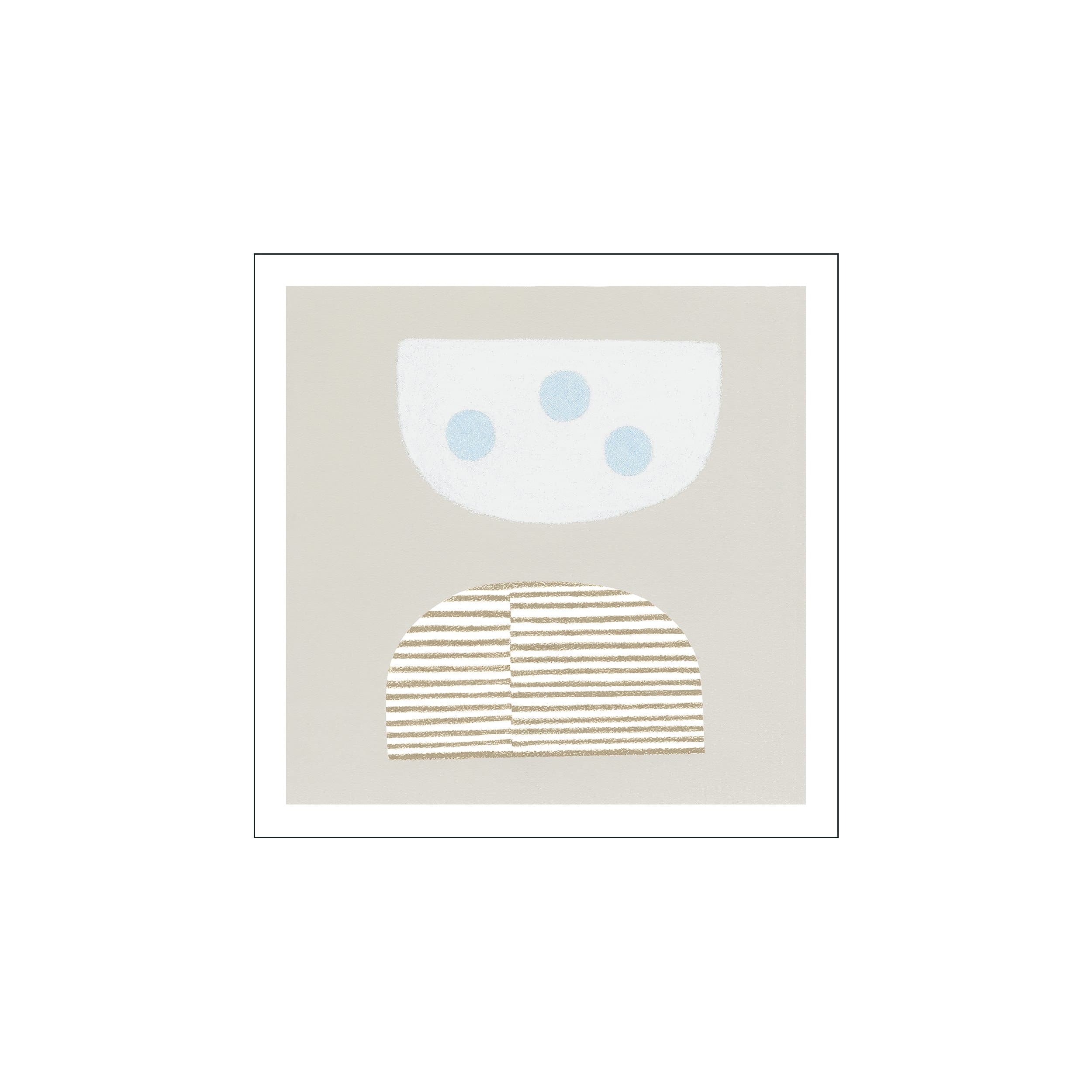 An abstract composition featuring a pale blue-capped semi-circle with three light blue dots above a golden-striped semi-circle, set against a muted beige background.