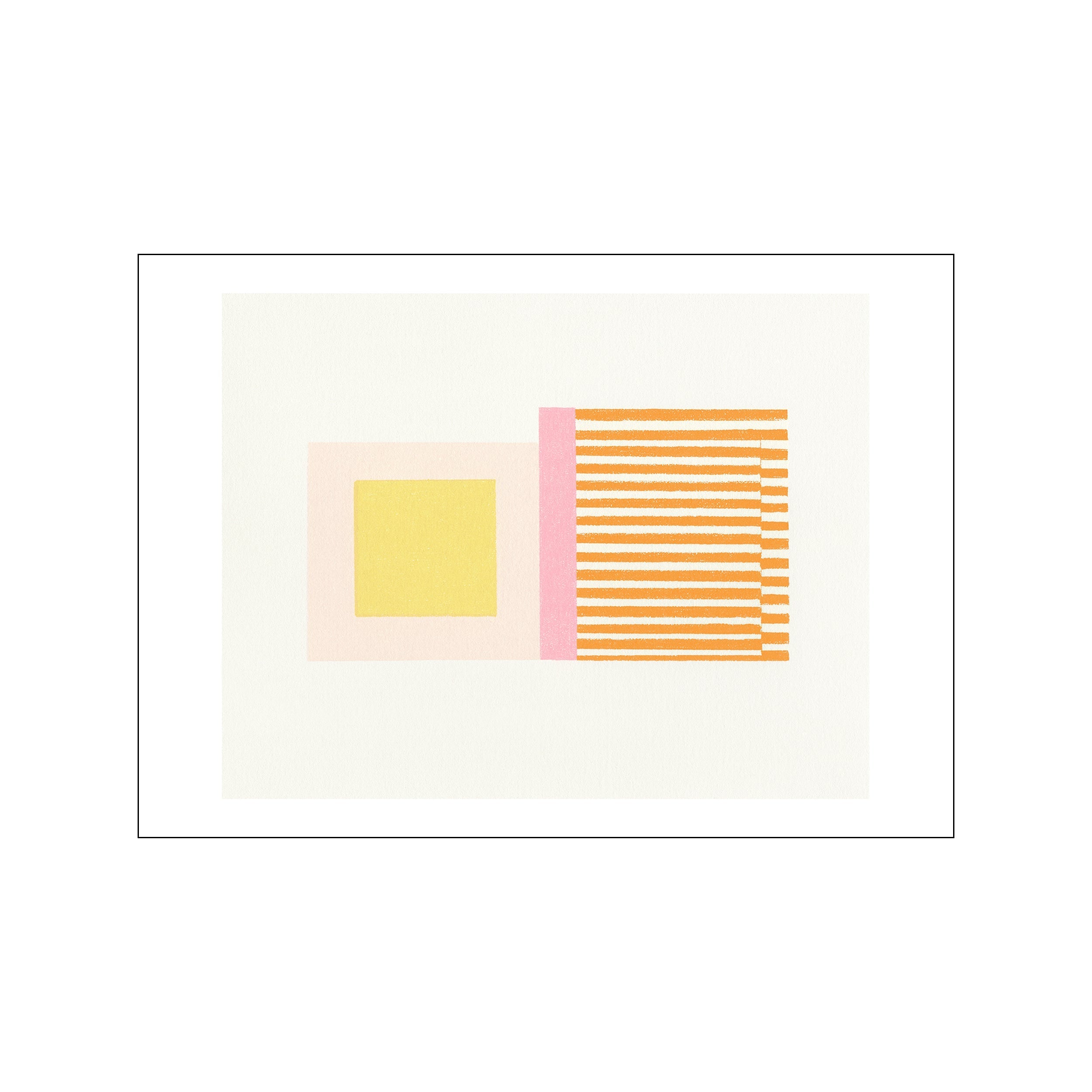 An abstract artwork featuring blocks of pale yellow and blush pink juxtaposed with vertical stripes of vibrant orange, evoking a sense of modern composition and warm, playful energy.