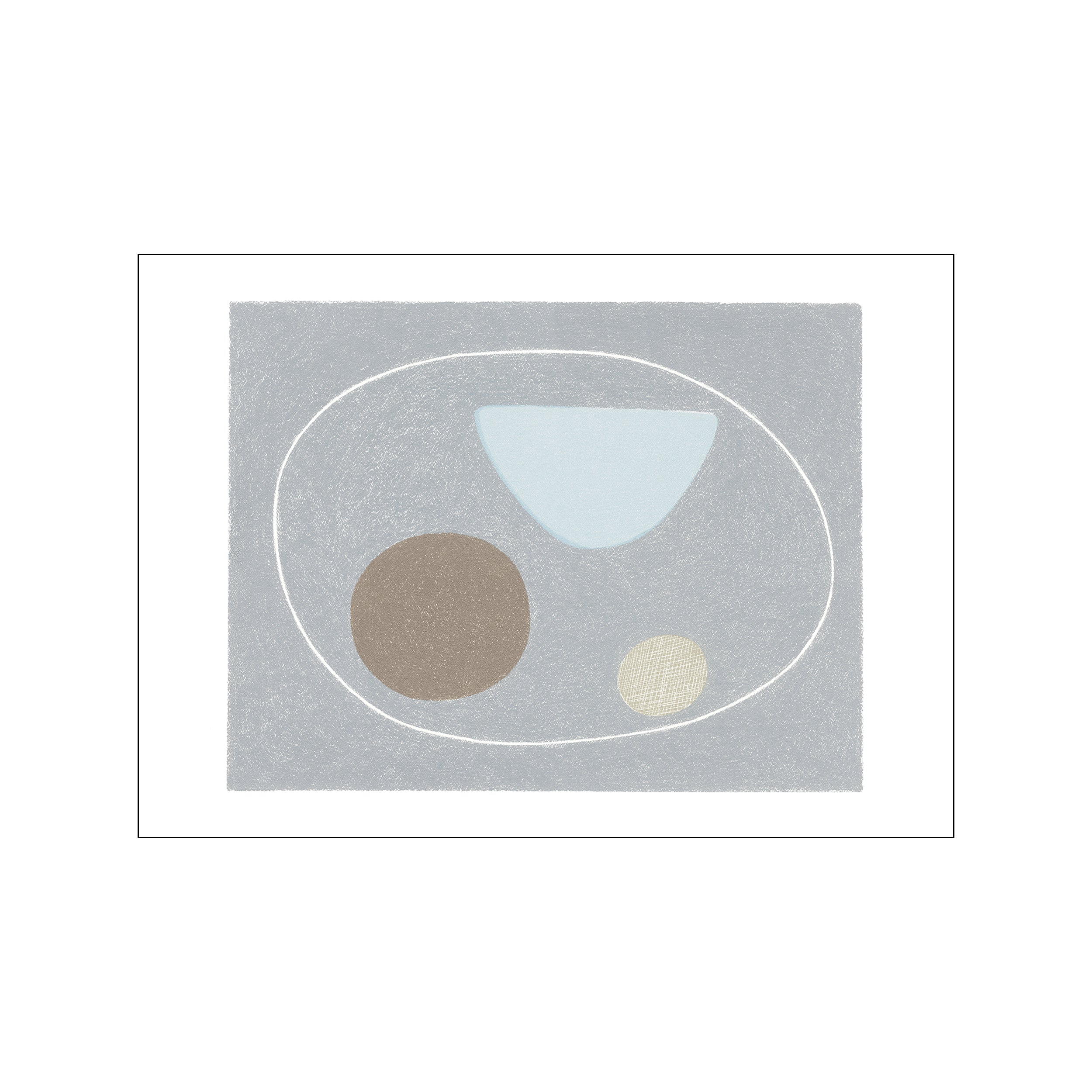 Abstract composition of three rounded shapes in taupe, light blue, and speckled yellow, all contained within a soft grey background outlined by a thin white ellipse.