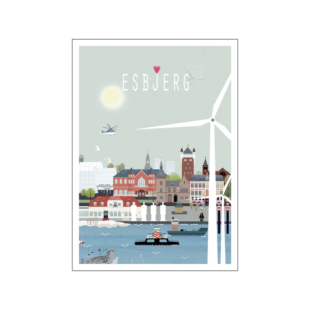 Pastel Esbjerg harbor skyline with wind turbines, boats, and red-roofed buildings