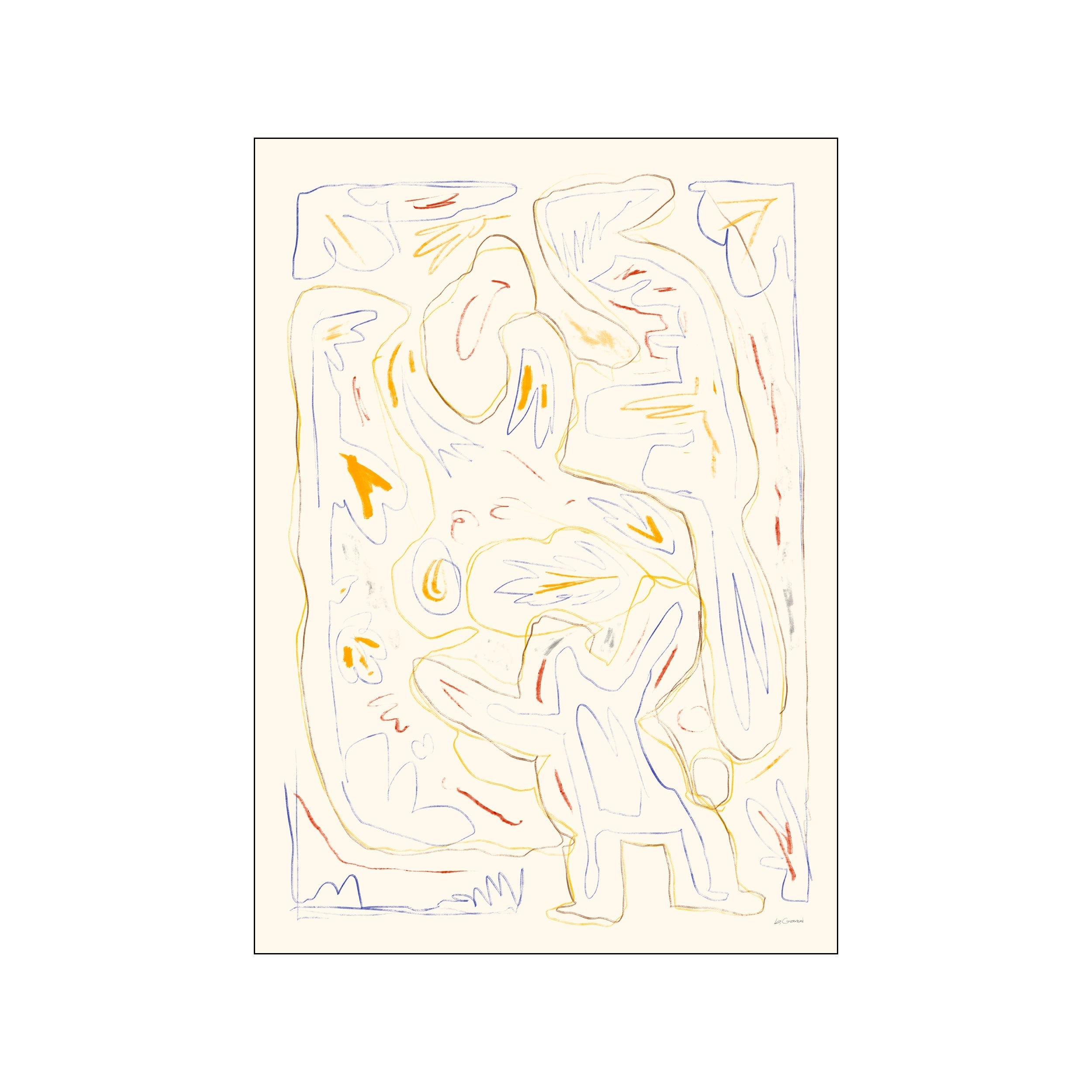 An abstract composition featuring loosely drawn figures and shapes in soft blush, ochre, and indigo lines on a creamy background, suggesting movement and playful energy.